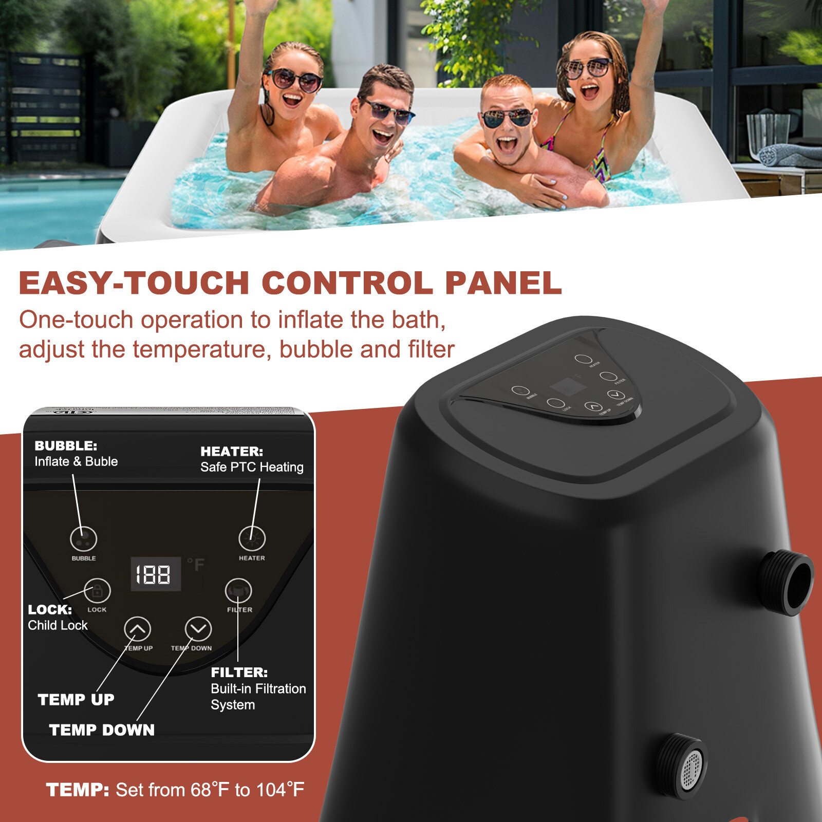 Docred 2 Person Portable Inflatable Hot Tub Spa w 100 Air Jet for Patio Backyard