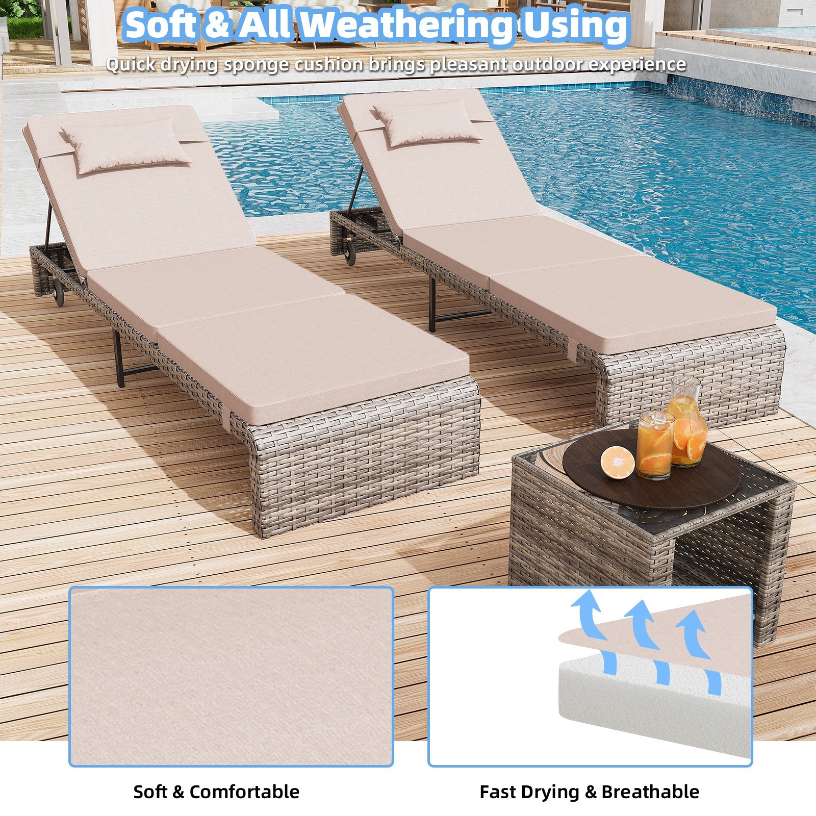 Danrelax Chaise Lounge Set (Set of 3), Modern Outdoor Patio Furniture, Beige
