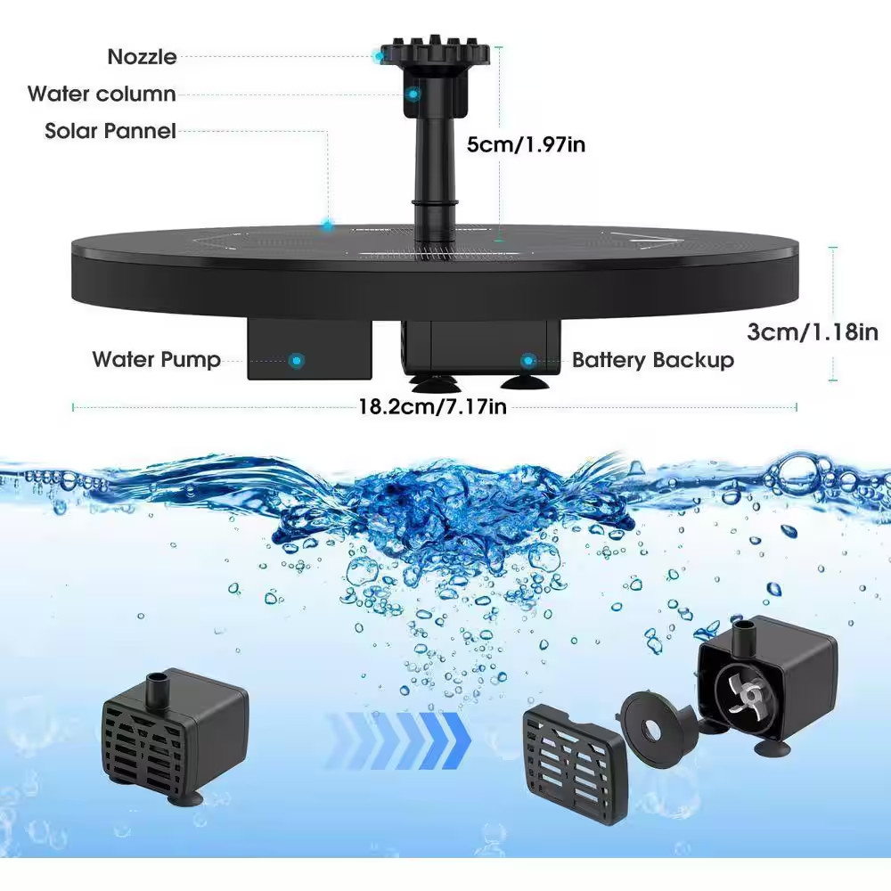 Outdoor Solar Fountain Pump Built-In 1500Mah Battery Solar Spitter Bird Bath Fou