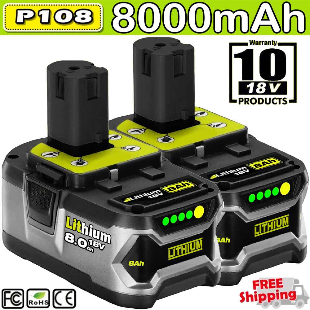 2PACK For RYOBI P108 8.0Ah High Capacity Battery 18Volt Lithium-Ion 18V One Plus