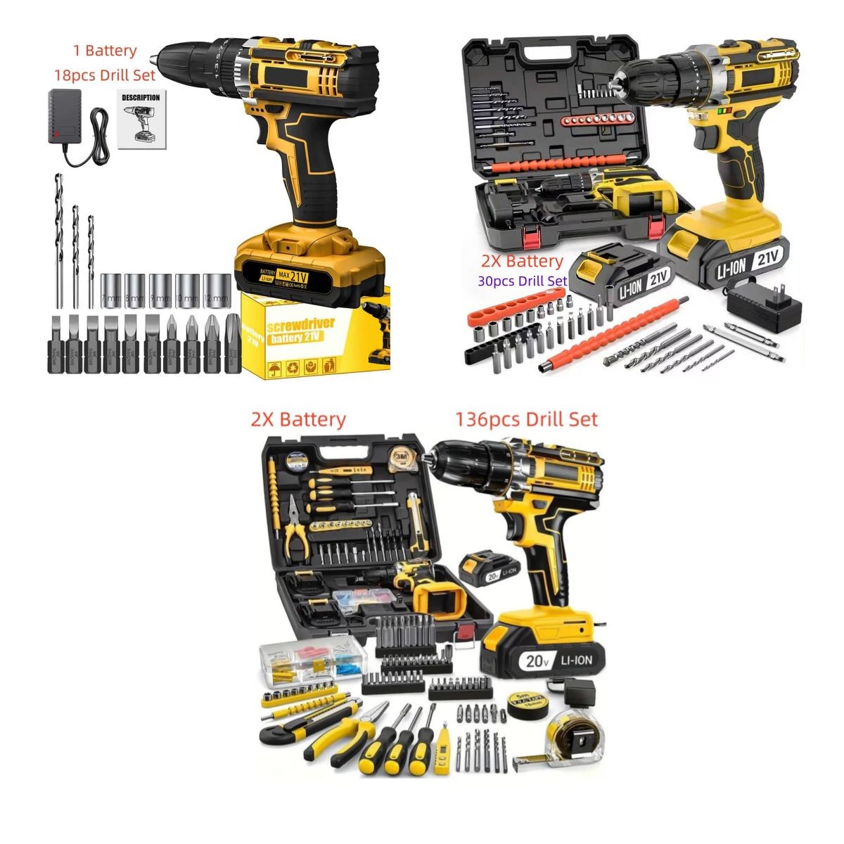 18/30/136pcs 20V Electric Cordless Drill Tool Set Screwdriver Bits