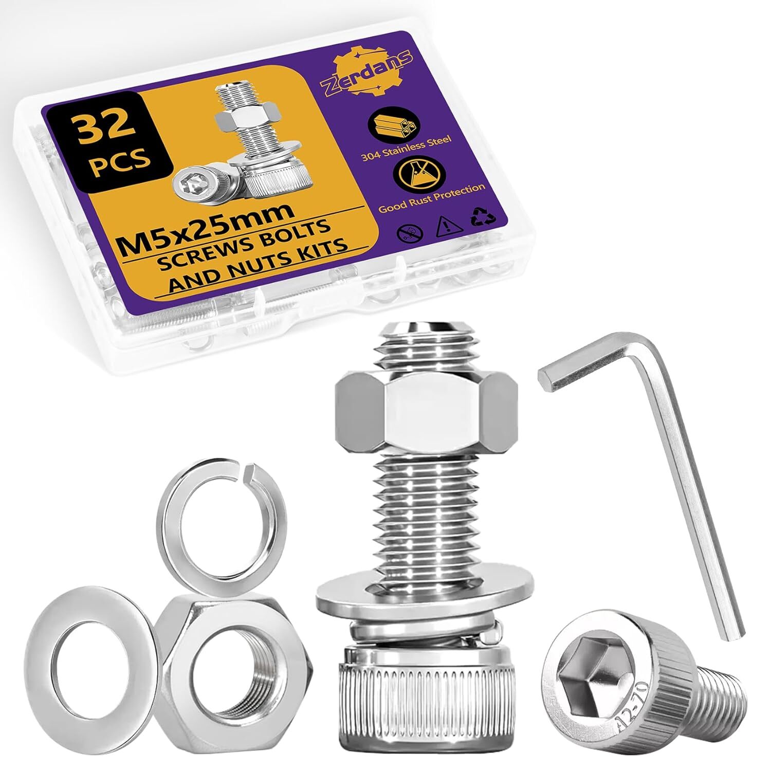 Hex Socket Head Cap Screws Bolts & Nuts Assortment Kit with Lock & Flat Washers
