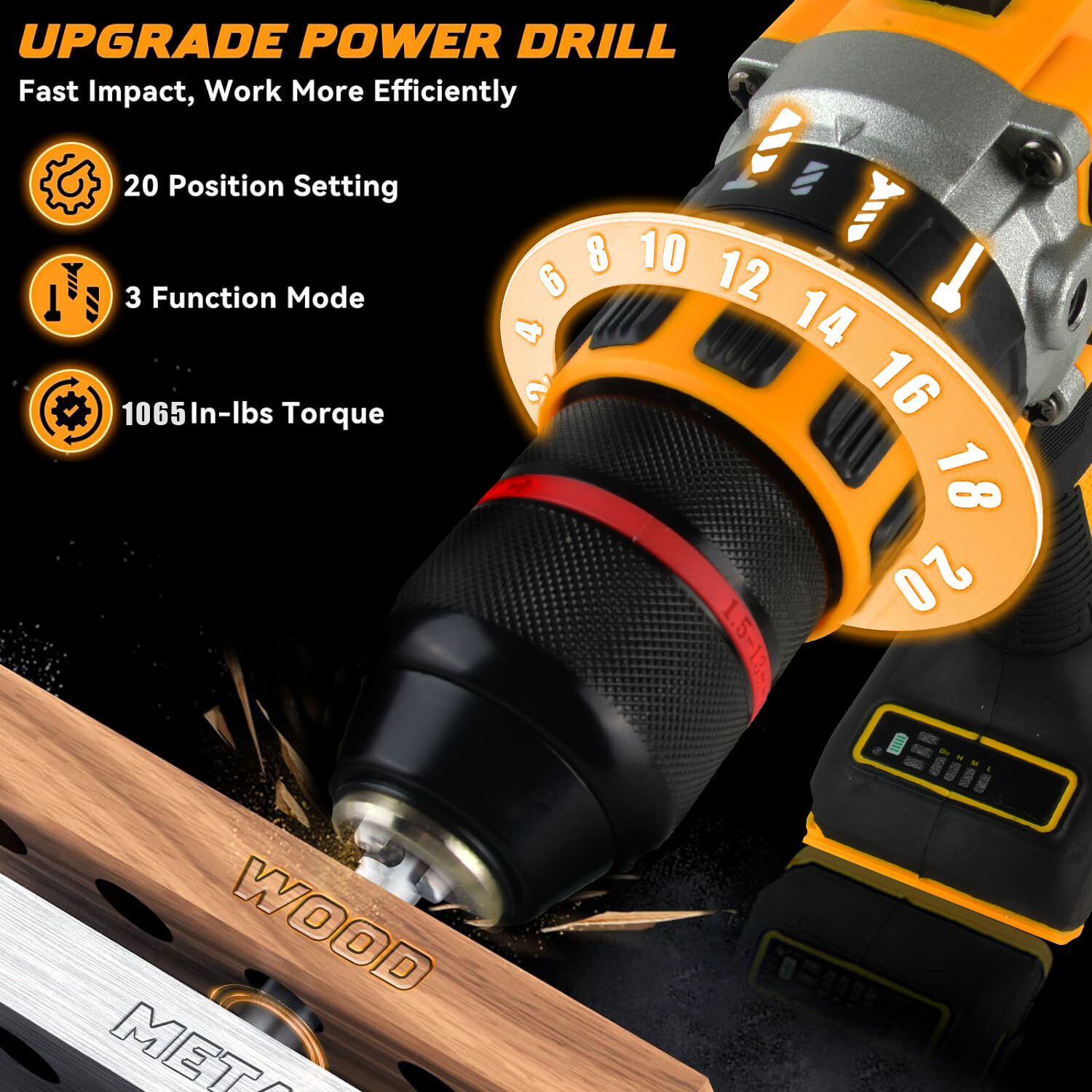 1/2″ Cordless Drill Driver for Dewalt 20V Battery, Brushless Compact Drill Tool