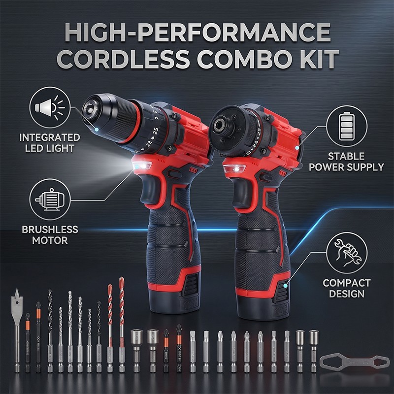 Cordless Drill Combo Kit with Brushless Drill Impact Driver 3Pcs 1300mAh Batteri