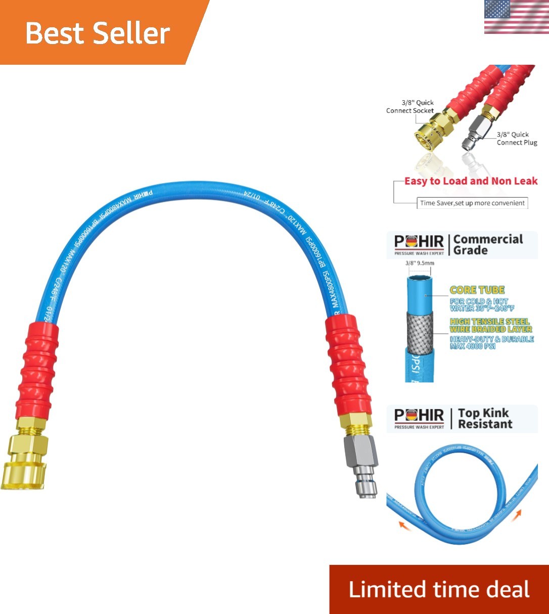 2ft Pressure Washer Hose 3/8″ | 4800 PSI with Quick Connect for Hot & Cold Water