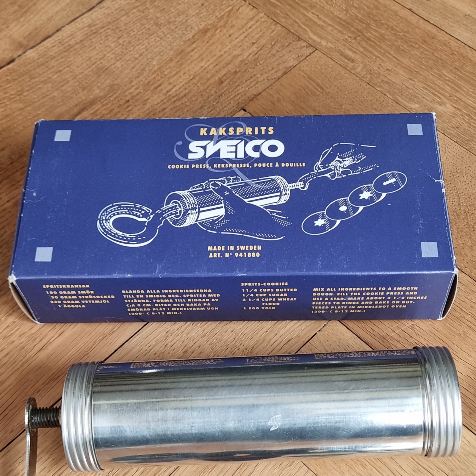 Swedish Made in Sweden Sveico Cookie Press With crank 4 Shape Disks