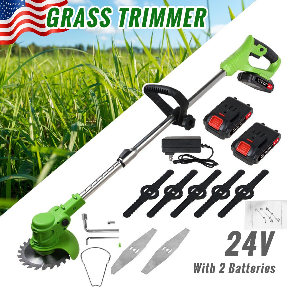 Electric Cordless Grass String Trimmer Lawn Edger Weed Wacker Cutter + 2 Battery