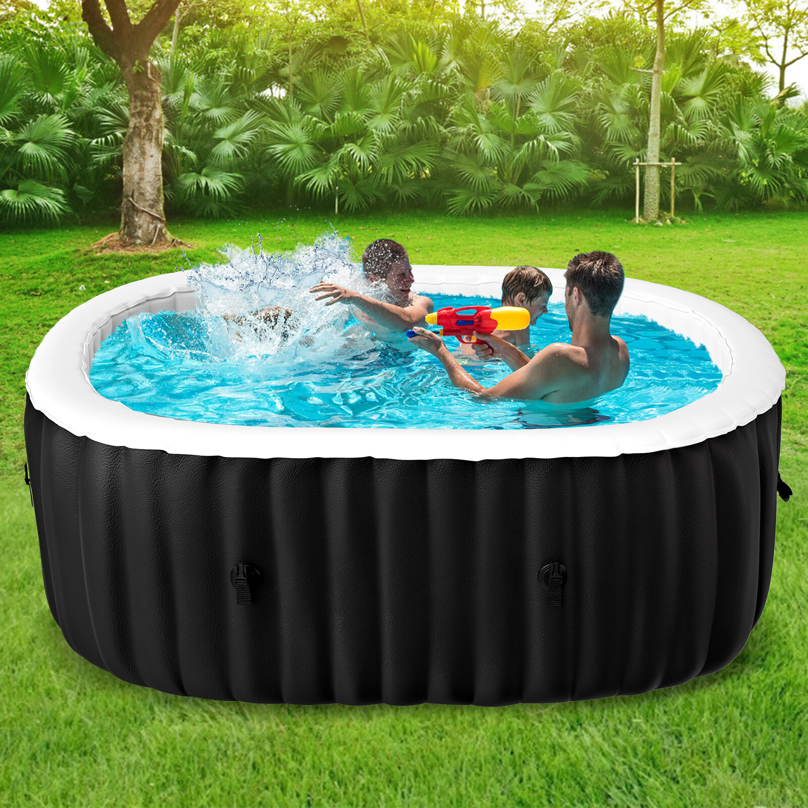 H&ZT 2 Person Inflatable Hot Tub w/Table Leak-Proof PVC Outdoor Spa 100 Air Jets