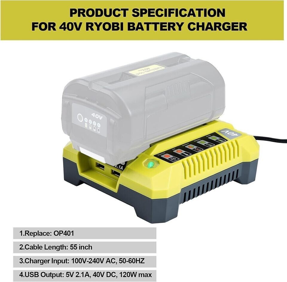 Replacement for Ryobi OP401 40Volt Lithium-Ion Rapid Battery Charger OP4015 NEW