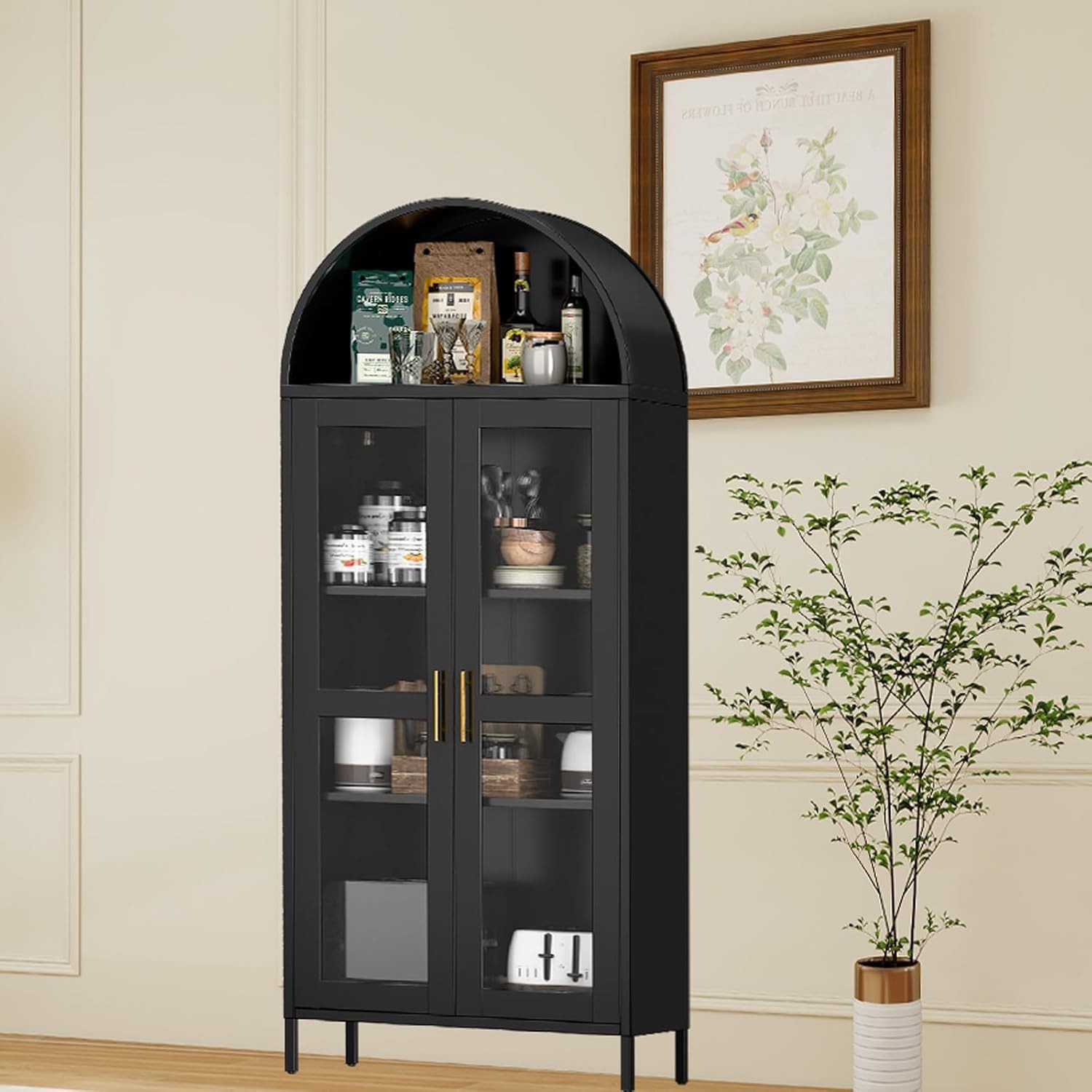 73 in Tall Metal Arched Cabinet Kitchen Pantry Storage Cabinet with Glass Doors