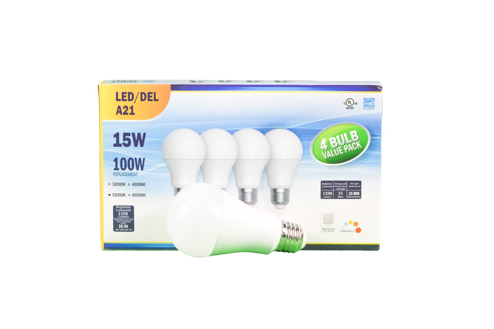 A21 15W Dimmable LED Bulbs 1350lms ETL Listed 100W Equivalent 120V E26