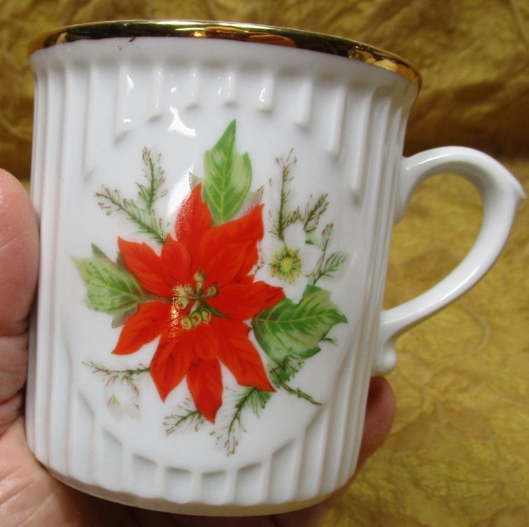 1 Flower of Month-December-Poinsettia fluted porcelain coffee mug -Bohemia Czech