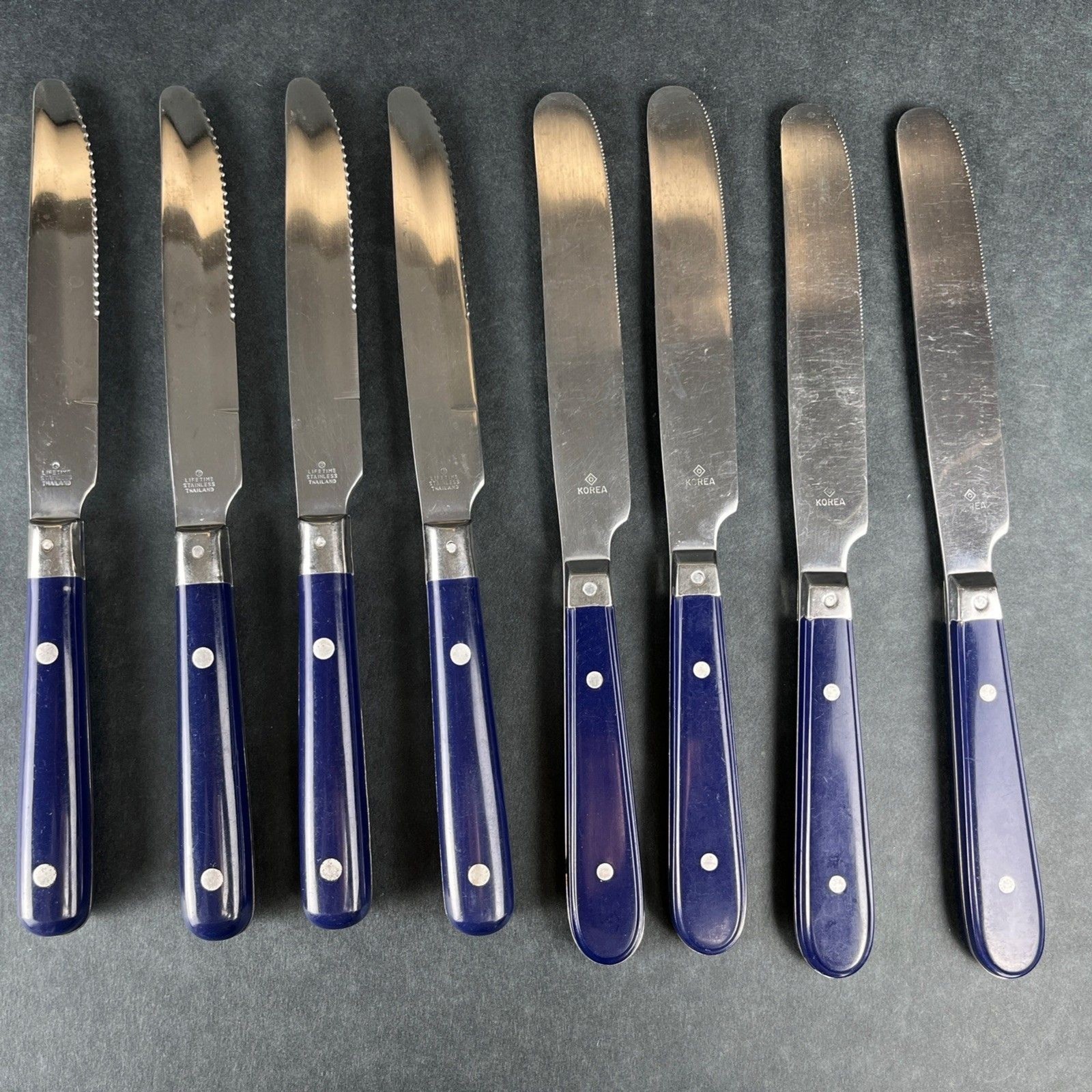 30pc VTG MCM Blue Riveted Handle Flatware Stainless Lifetime Thailand, Korea Mix