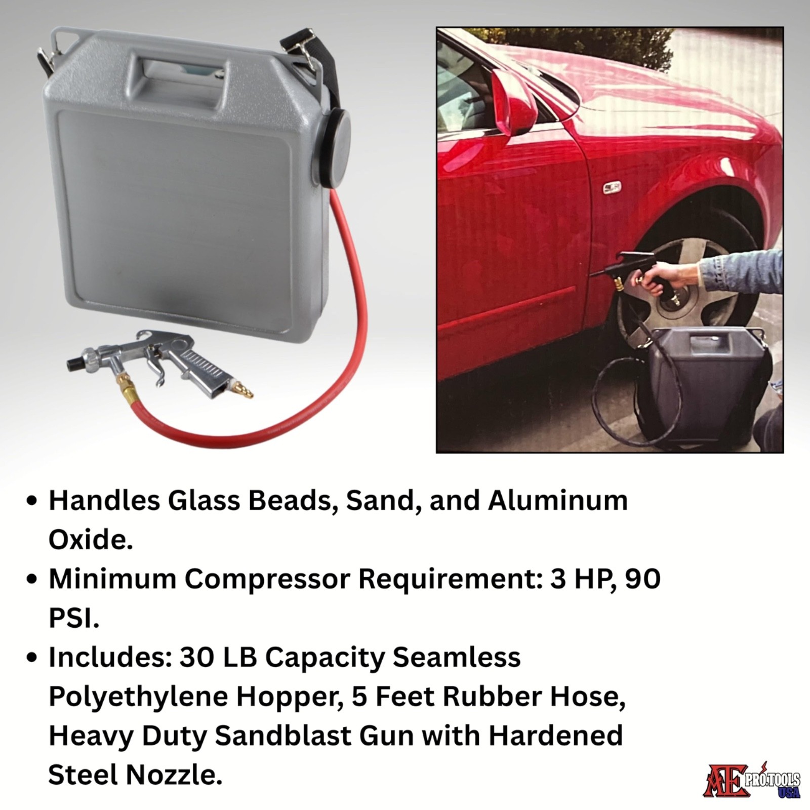 Air Powered Portable Sandblaster Kit | 30 lb Cap., 5 ft. Rubber Hose 2.5 Gallon