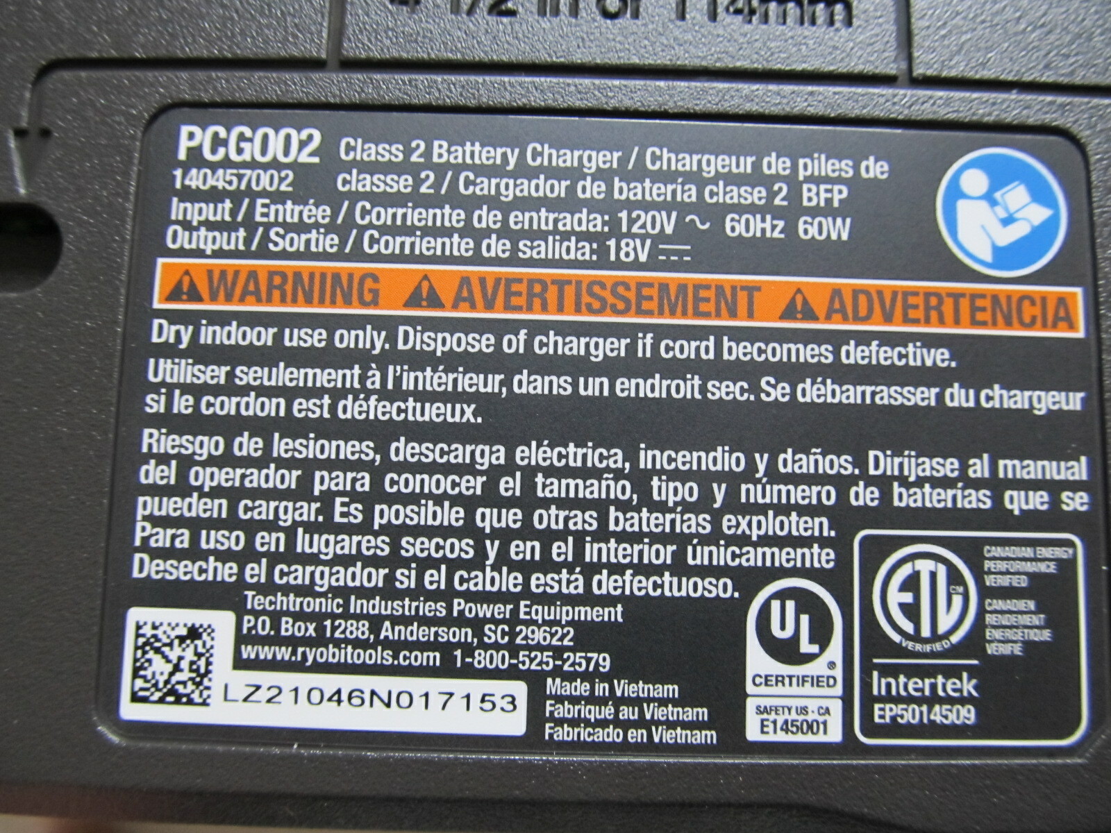 Ryobi Battery Charger OEM PCG002 Authentic 18V ONE+ Li-Ion ORIGINAL