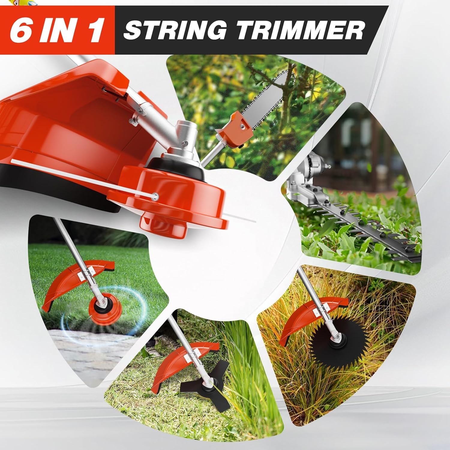 52cc 6-in-1 2-Stroke Gas Powered Weed Eater w/ Hedge Trimmer & Pole Saw Trimming