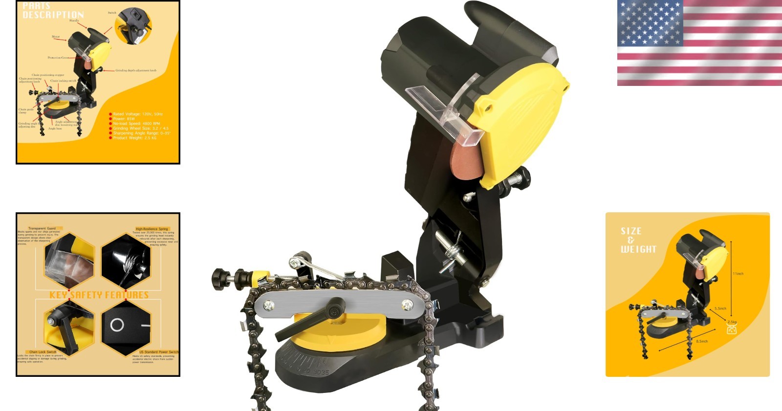 High-Performance Electric Chainsaw Sharpener – 85W Motor, 0-35° Angle Adjustment