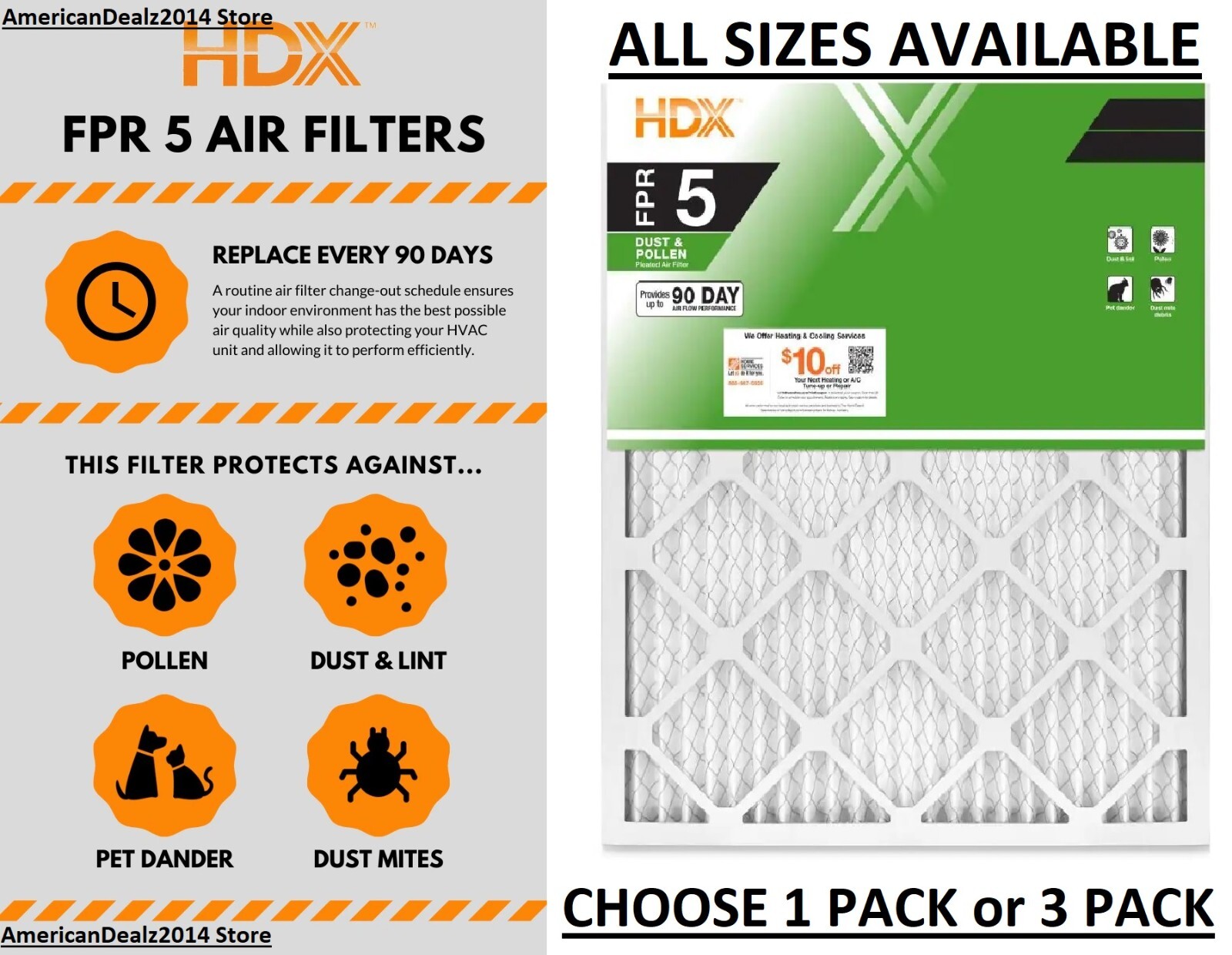 1 PACK or 3 PACK – Air Filter Standard Pleated FPR 5 Dust Filters Furnace AC