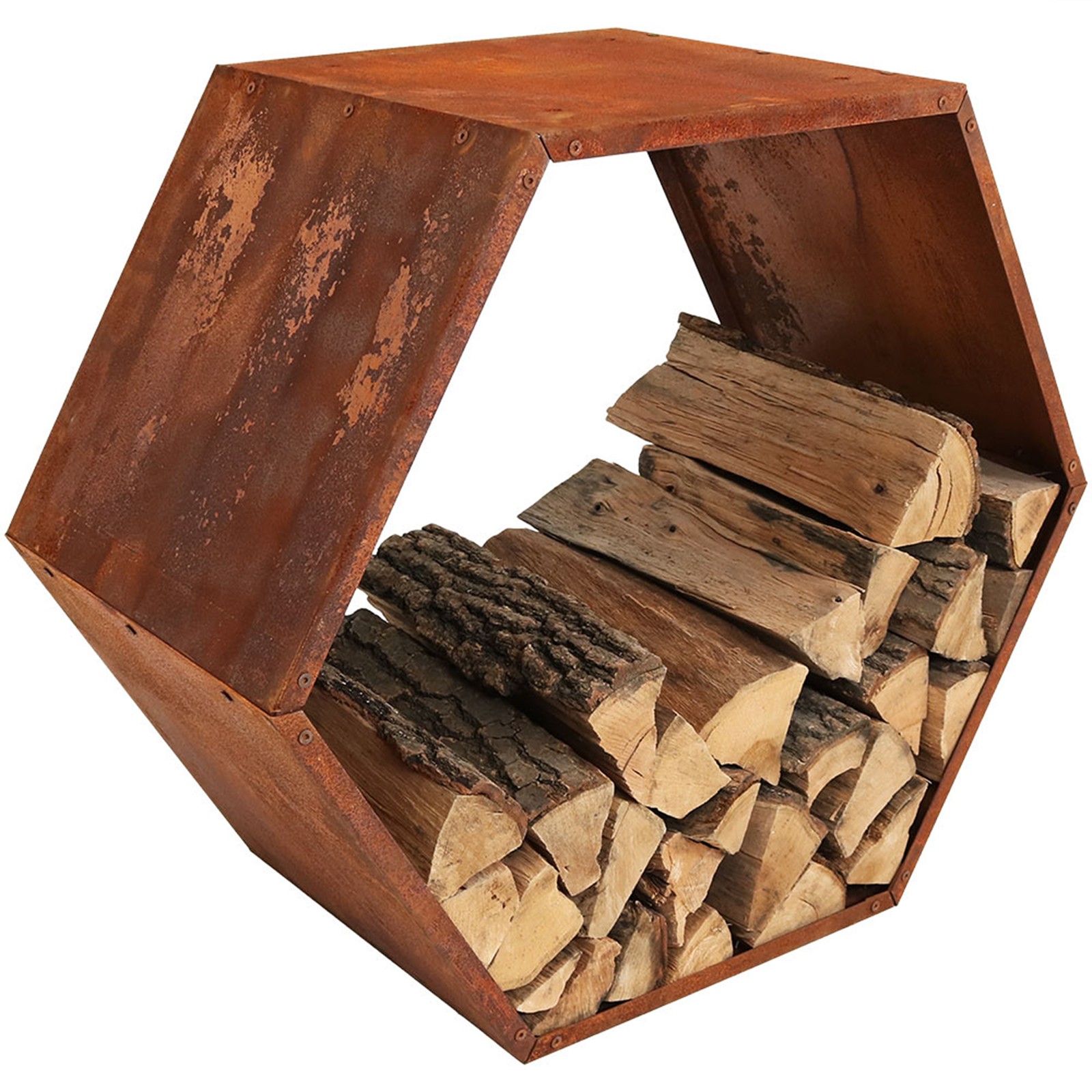 30 in Hexagon Rustic Honeycomb Firewood Log Rack – Rust by Sunnydaze