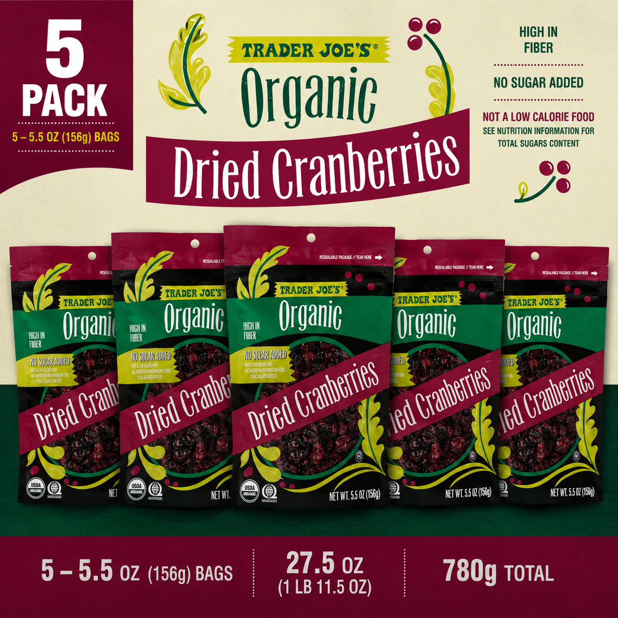 5-Pack Trader Joe’s Organic Dried Cranberries, No Sugar Added