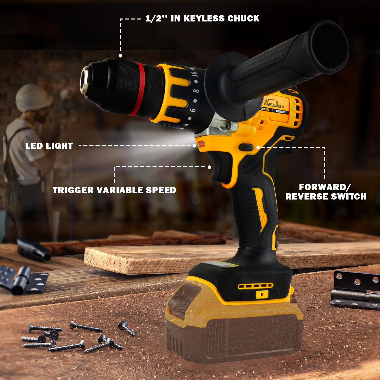 1/2″ Cordless Drill Driver for Dewalt 20V Battery, Brushless Compact Drill Tool