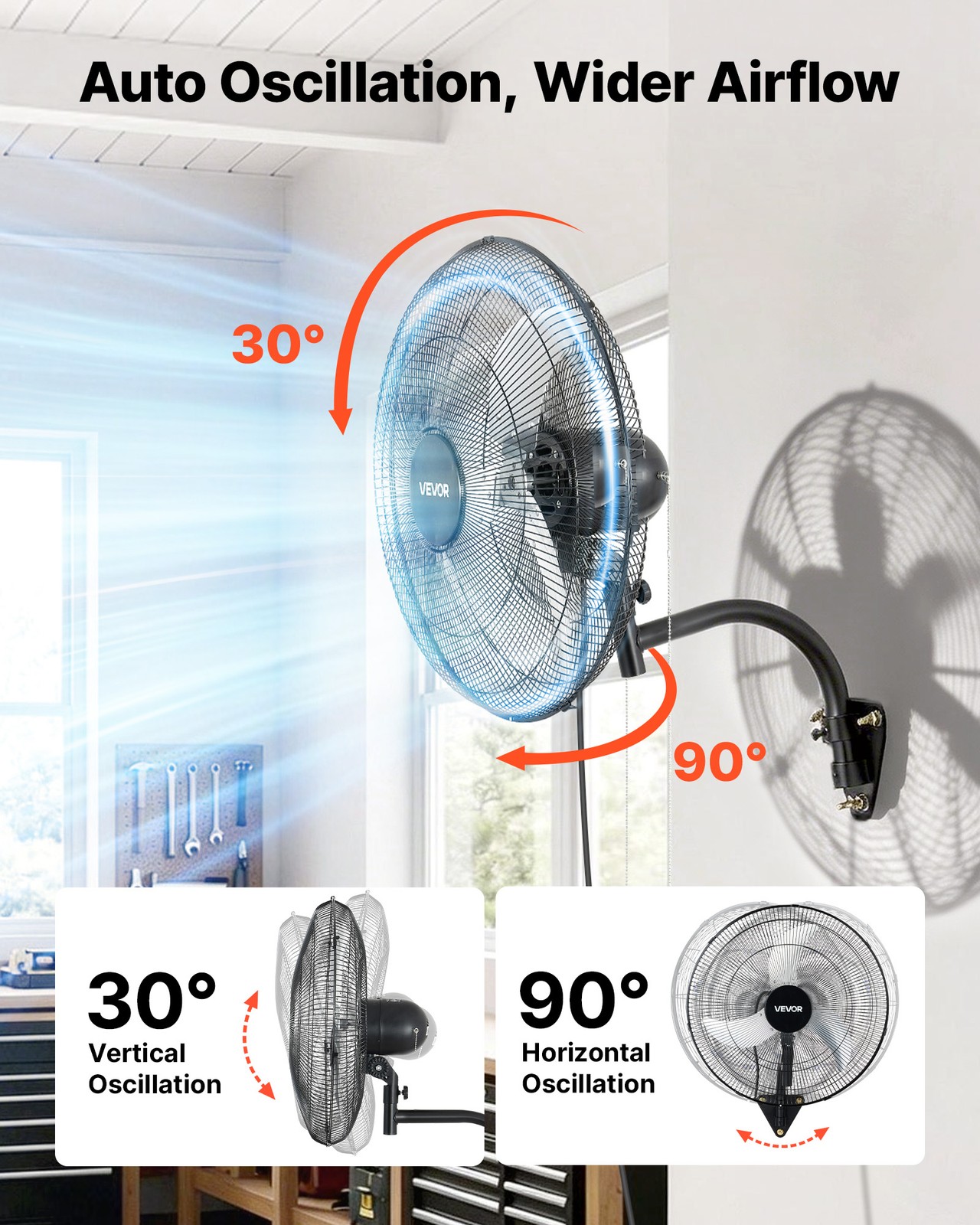 VEVOR 20 in Wall Mount Fan Oscillating 3 Speed Long Airflow Industrial Garage