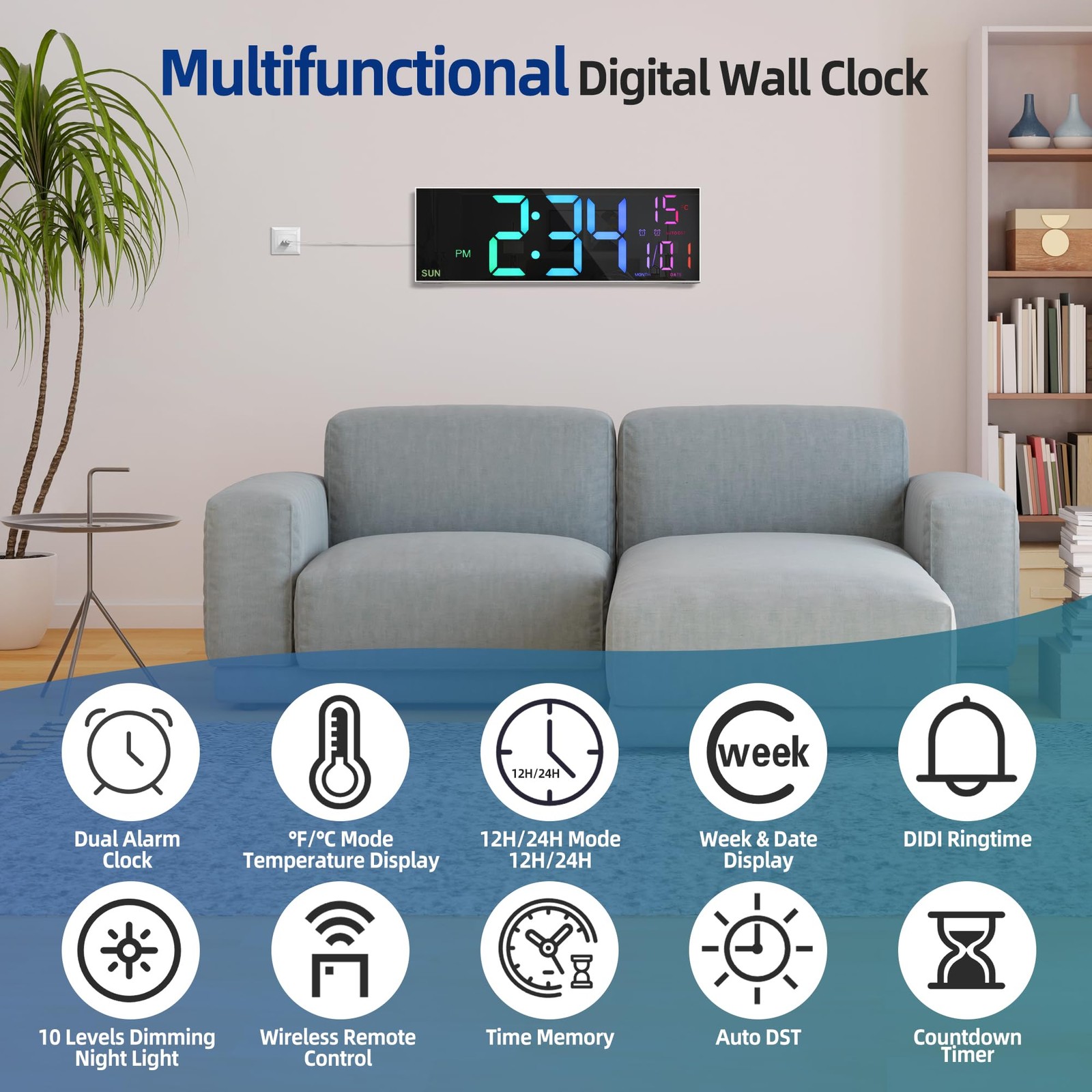 16.2” Large Digital Wall Clock with Remote Control, Big LED/Dual Alarm/8 RGB…