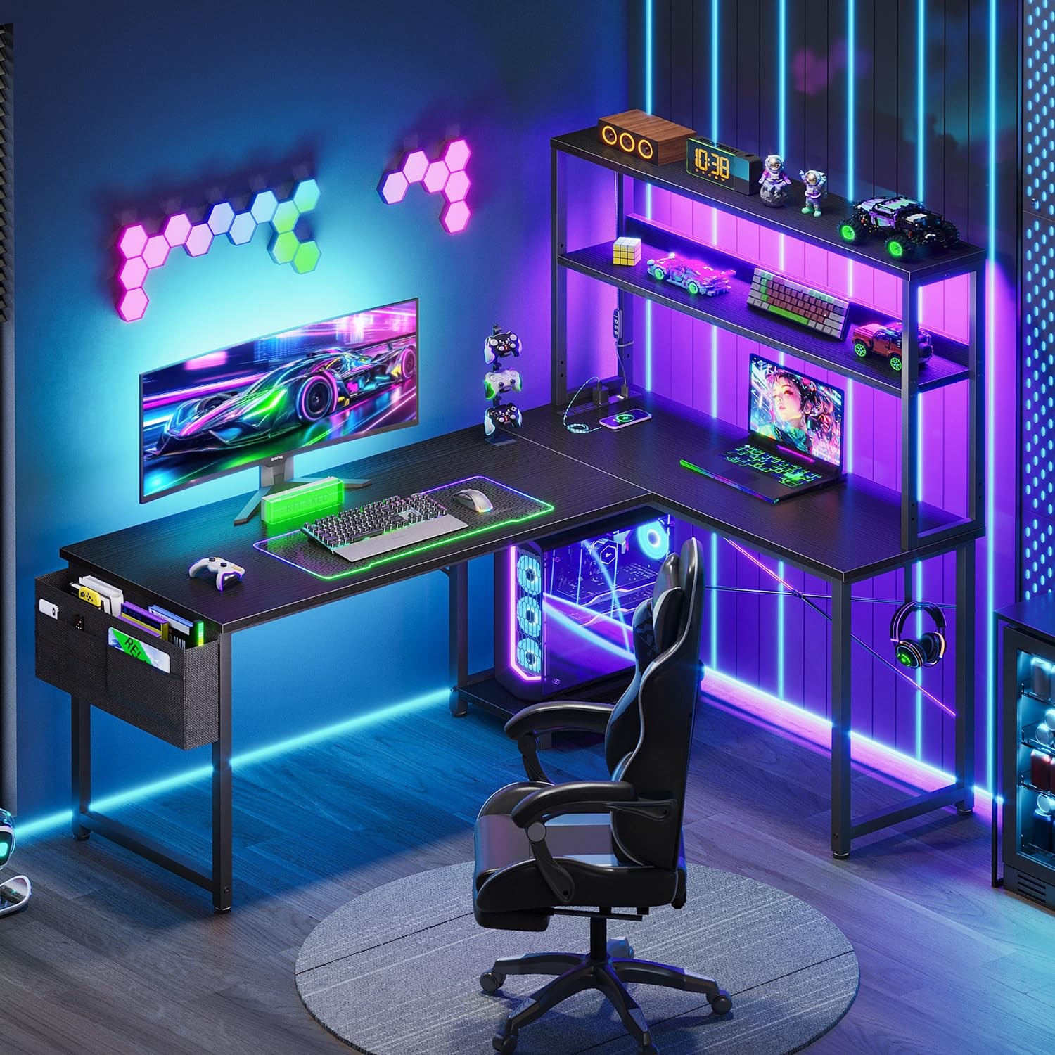 AODK L Shaped Desk Gaming with LED Light & Power Outlet, 53 inch, Black