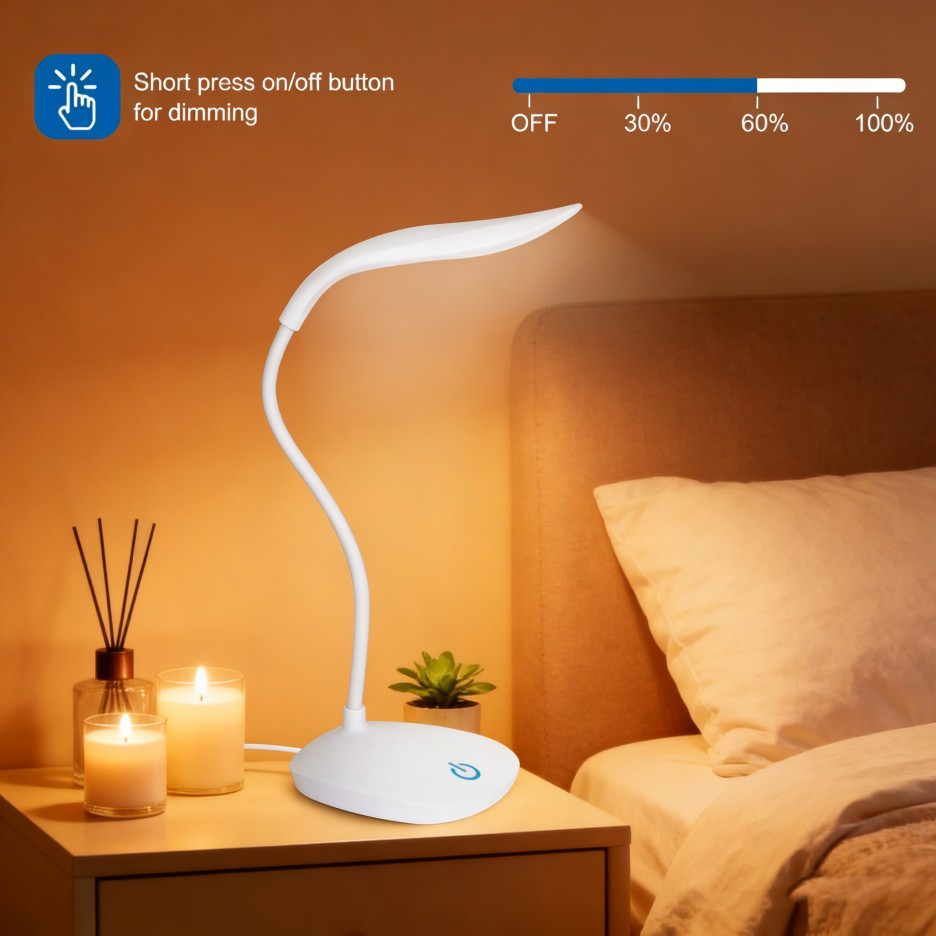 USB LED Desk Light Dimmable Bedside Reading Lamp Rechargeable Touch Control -&#