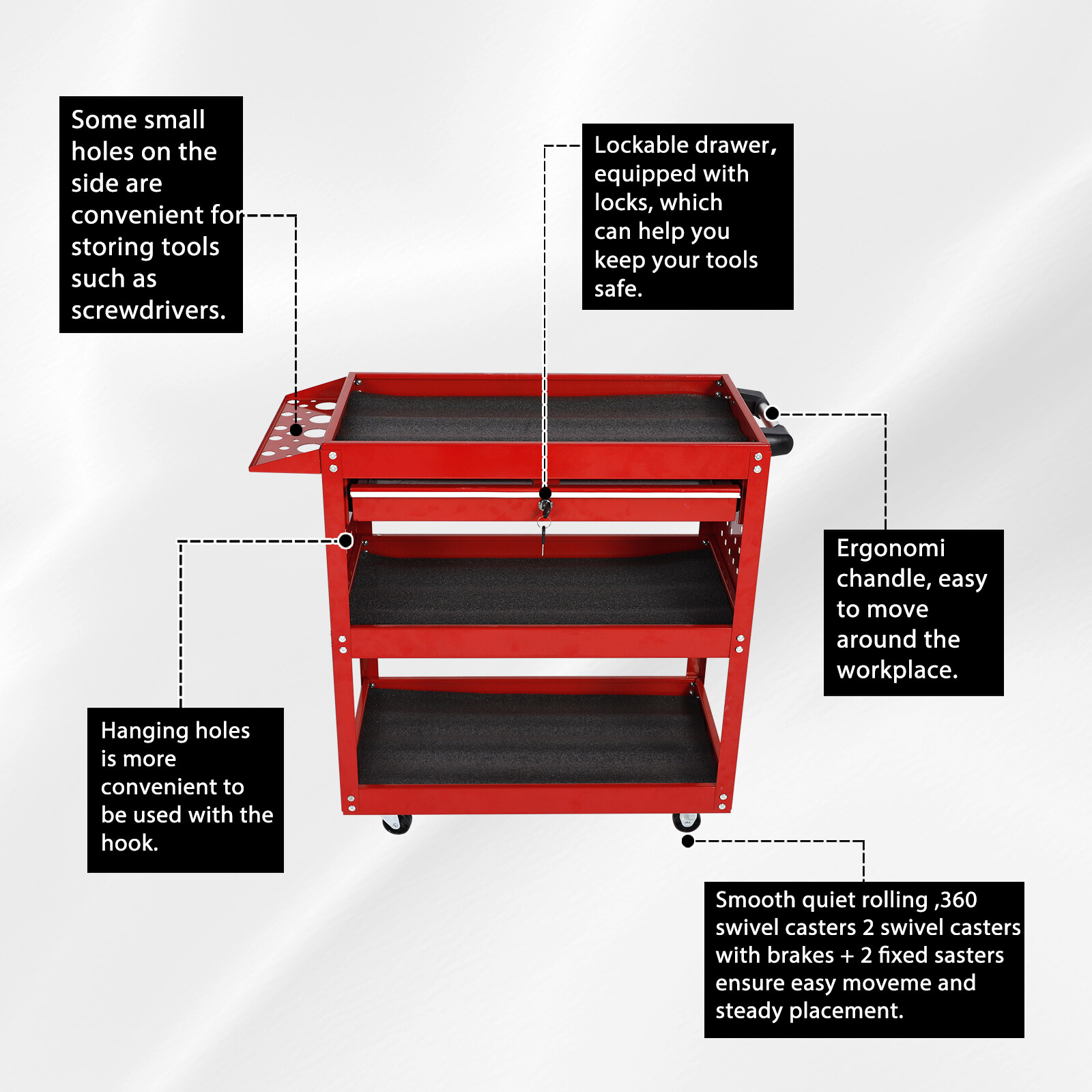 3 Tier Rolling Tool Cart 400LB Heavy Duty Mechanic Tool Cart w/ Lockable Wheels