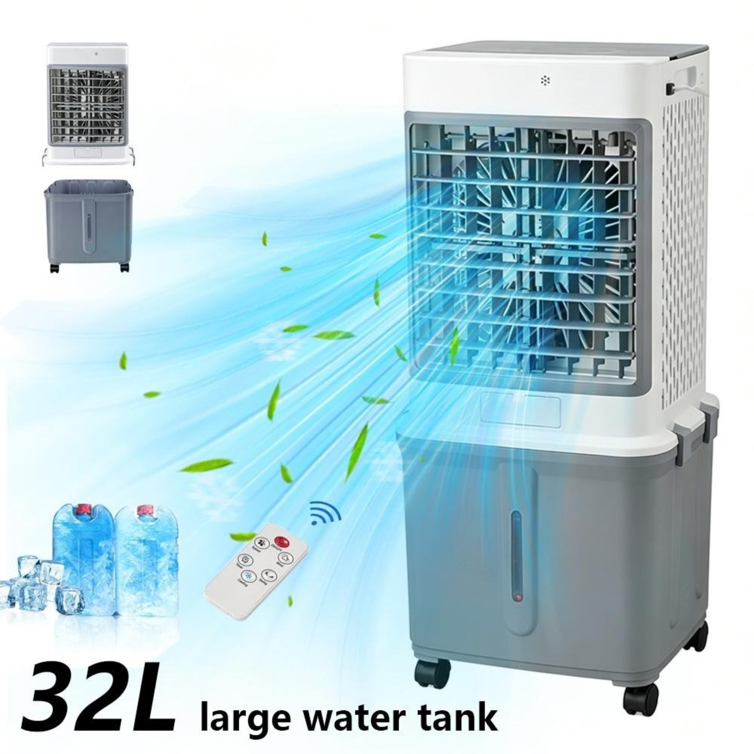 3-in-1 Portable Evaporative Air Cooler 32L Water Tank 3-Speed Swamp Cooler Fan