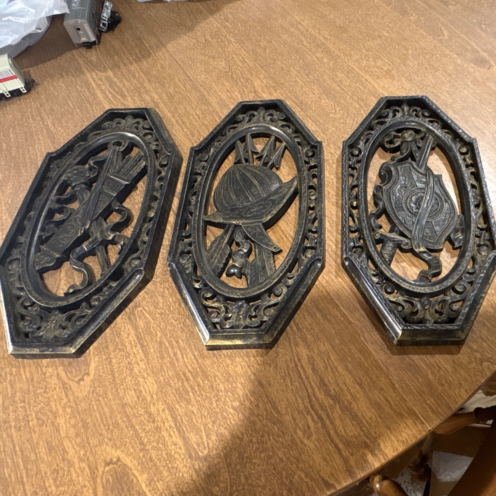 Set of 3 Black Homco Medieval Armor Plaques Octagon Filigree Wall Mount