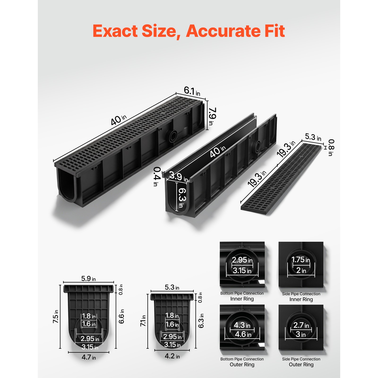 Uimoso 40.1 x 6.1 x 8.0 in HDPE Linear Drainage Channel, 4-Pack