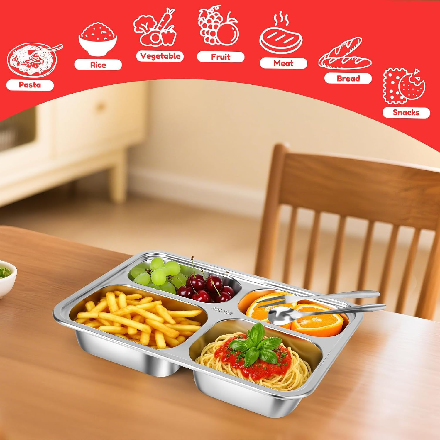 Stainless Steel Snack Containers with Lids 3 Pack, Reusable 4 Compartments