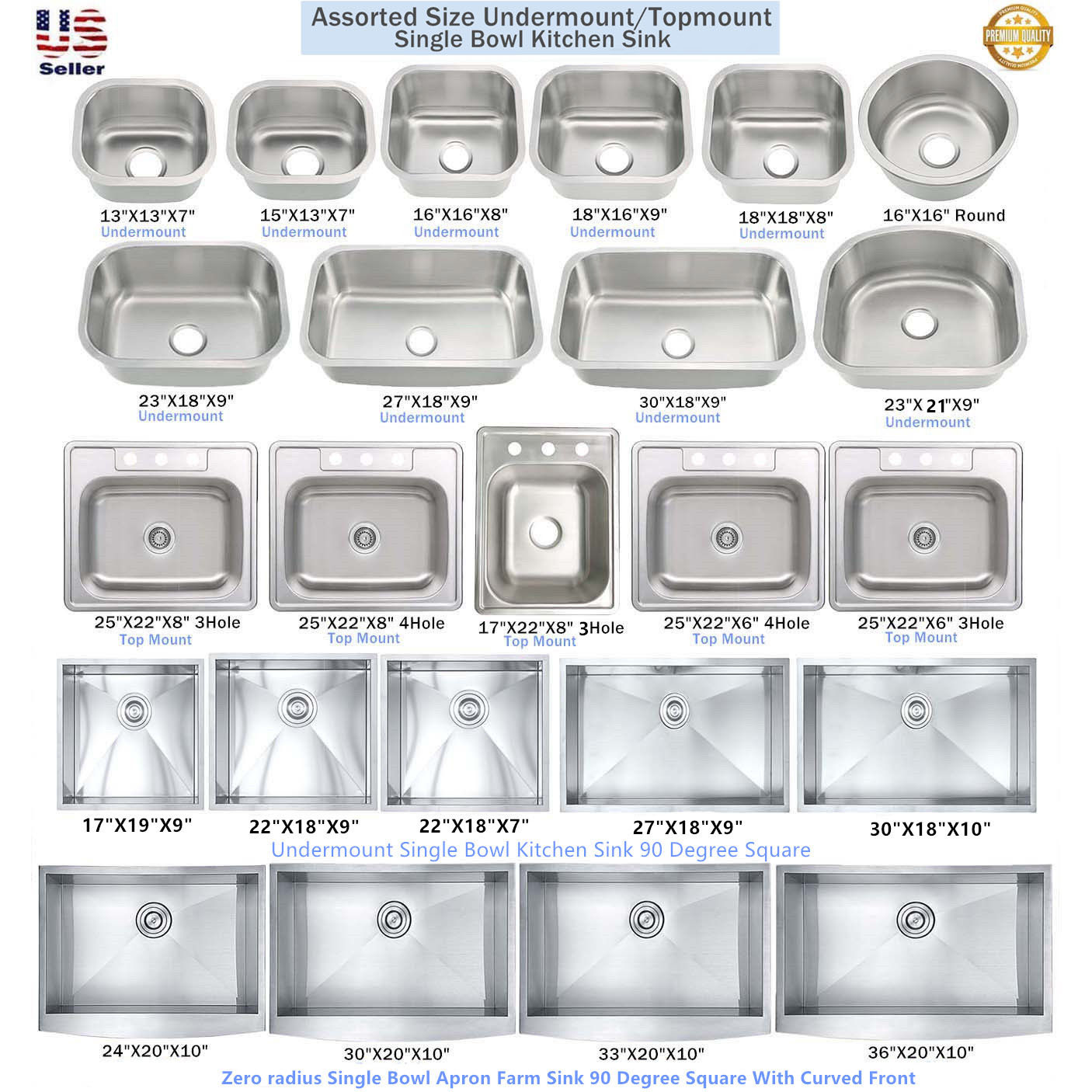Stainless Steel Single Bowl Topmount / Undermount Kitchen Sink Multiple Size
