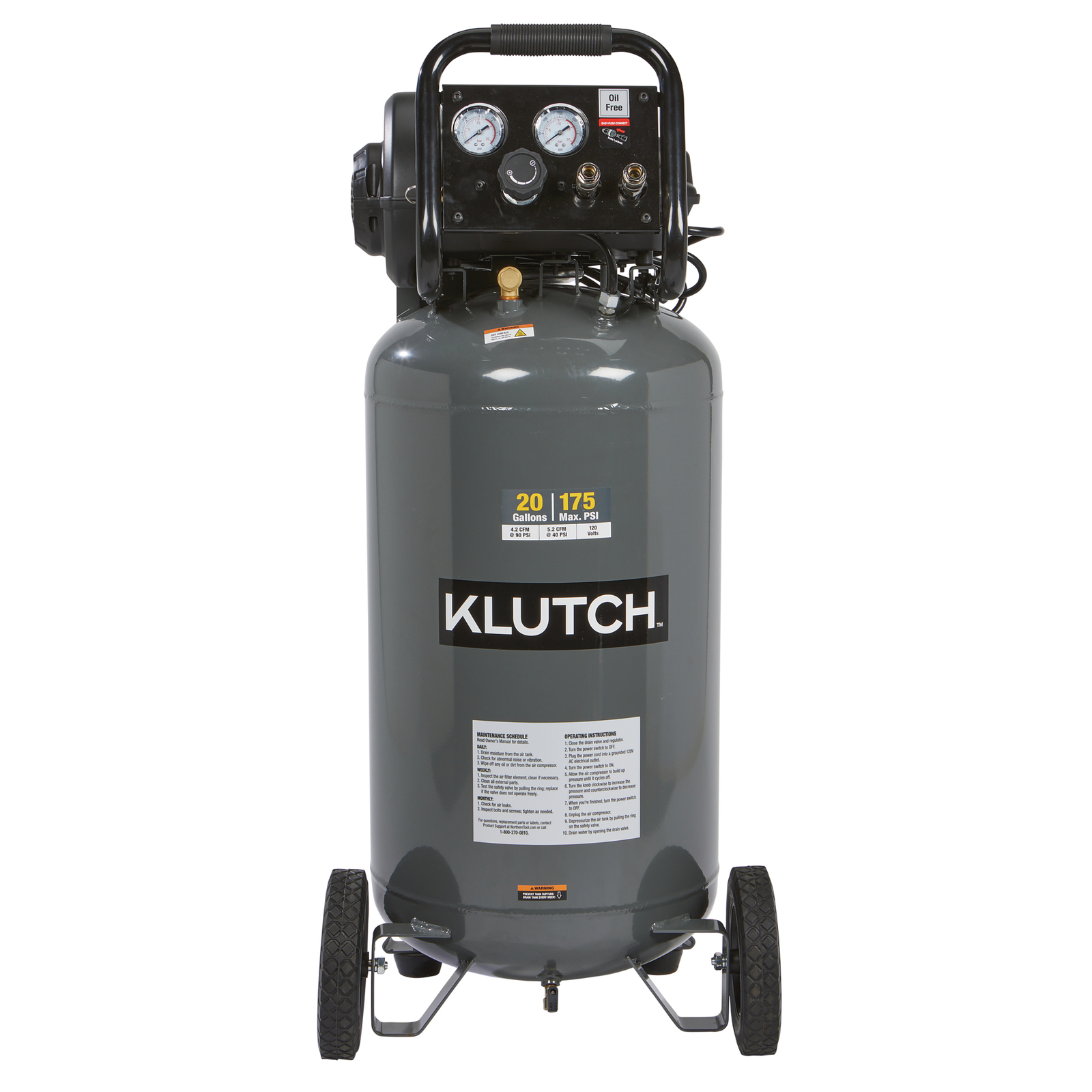 Klutch 20-Gallon Air Compressor, 2 HP, 120 Volts, 175 PSI, Model# 203001004001