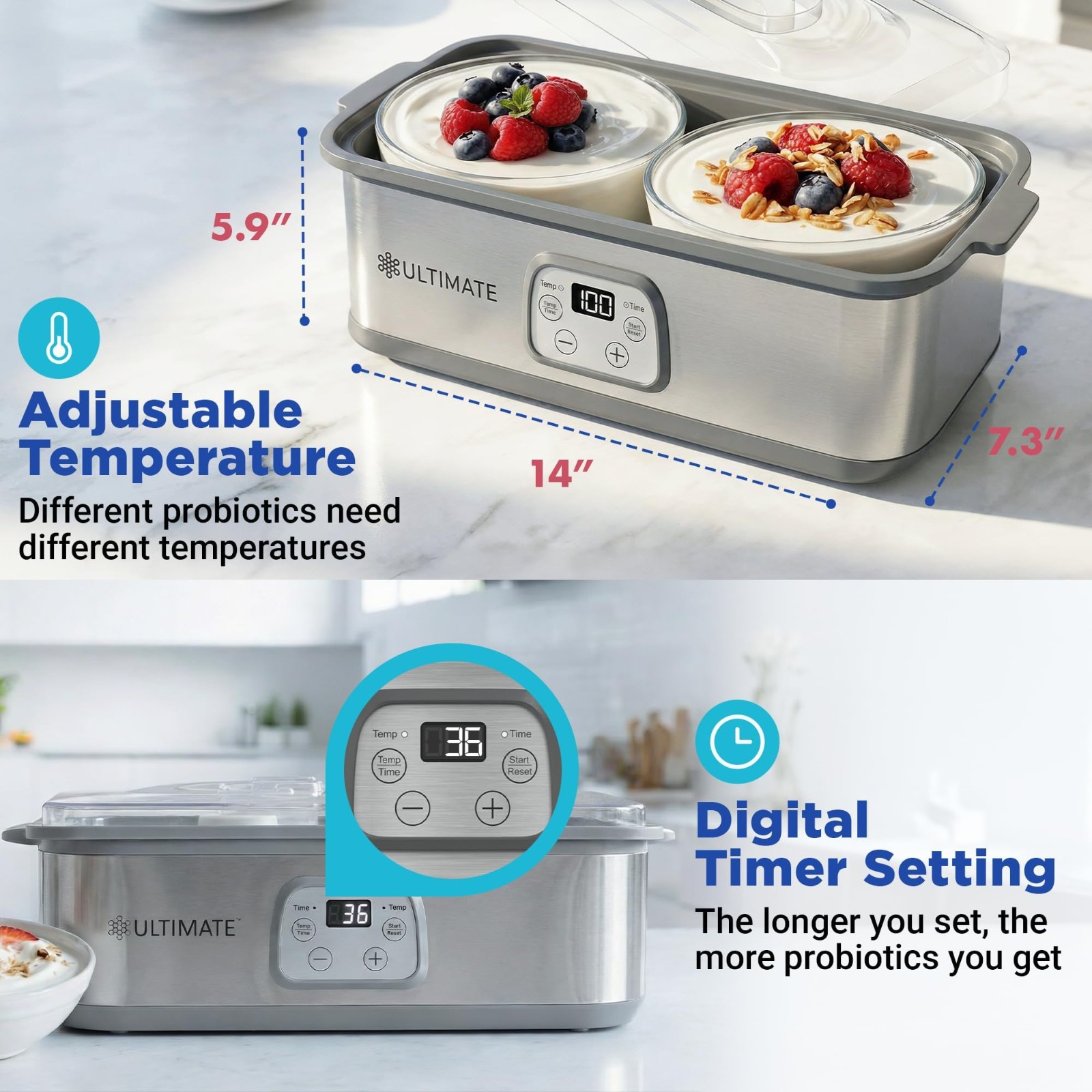 Ultimate Probiotic Yogurt Maker Adjustable Temperature Time Control, 8 Jars Open