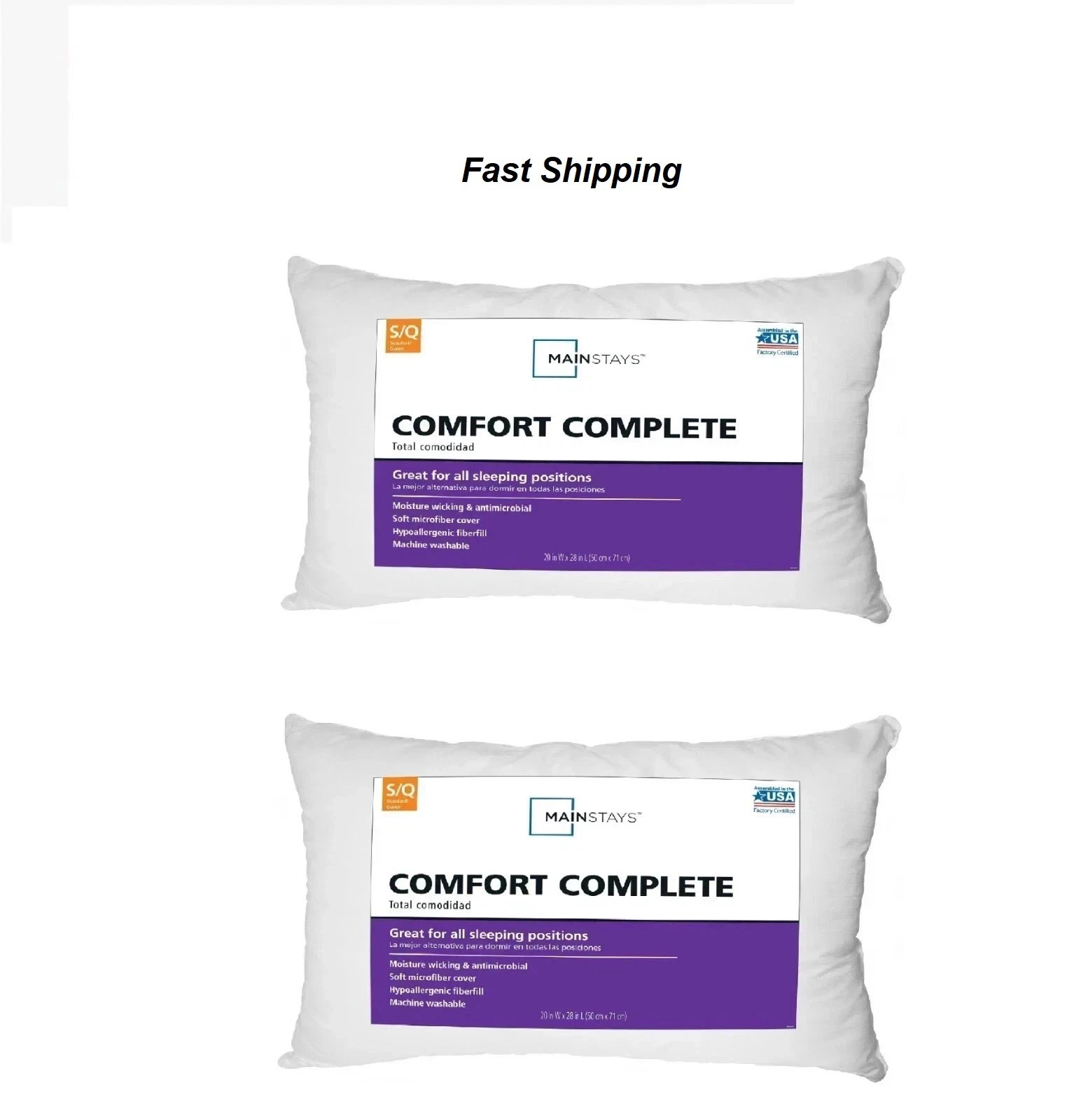 Mainstays Comfort Complete Bed Pillow, Standard/Queen (2 Pack)
