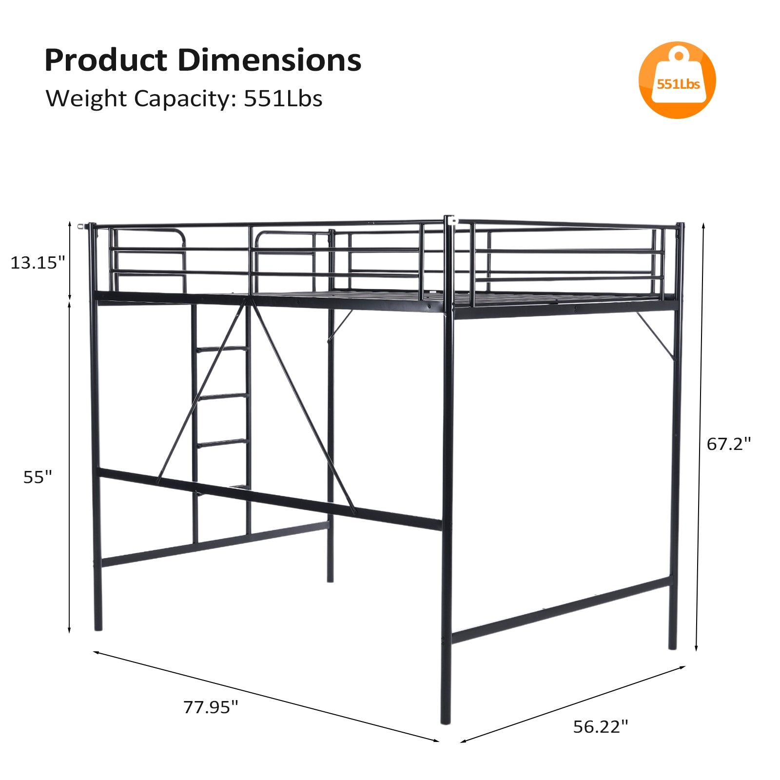 Full Metal Loft Bed Frame for Kids Adults Teens Space-Saving Design Black