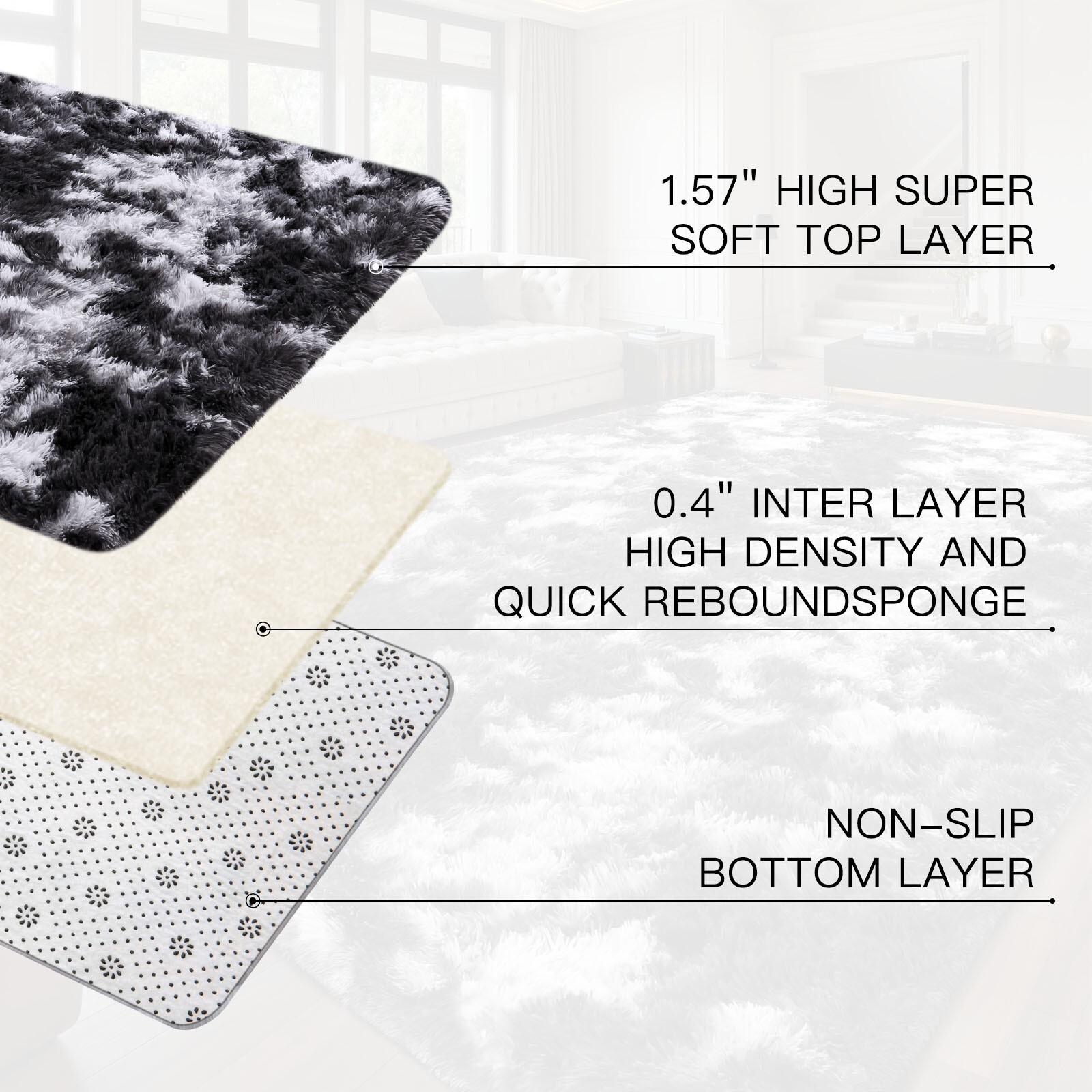 Large Non-Slip Fluffy Rug, Shaggy Plush Carpet for Living Room or Bedroom