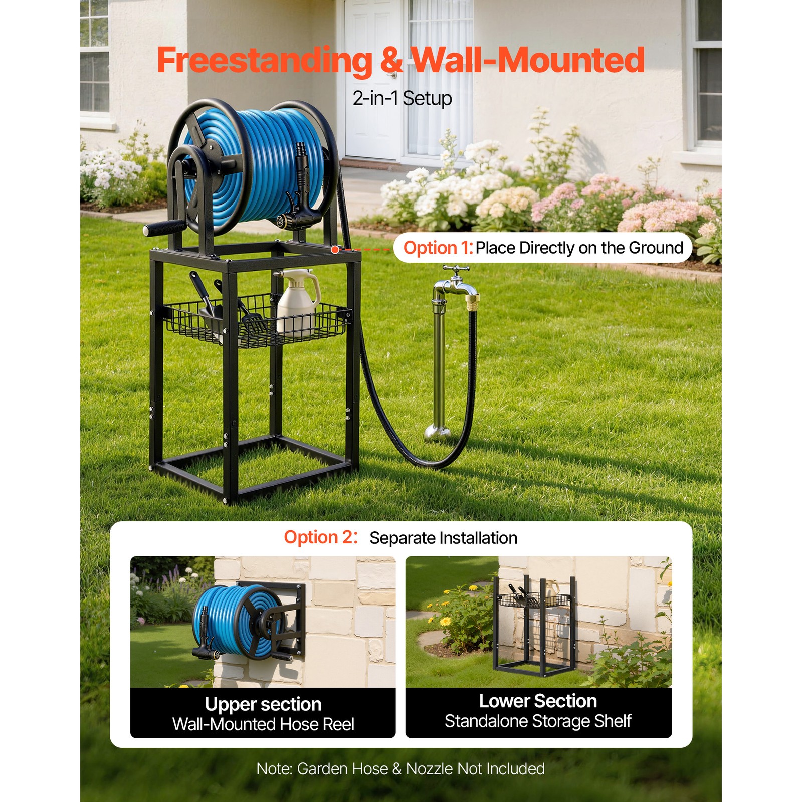 Uimoso Freestanding Hose Reel for 125 ft of 5/8-inch Hose, Wall-Mount Option