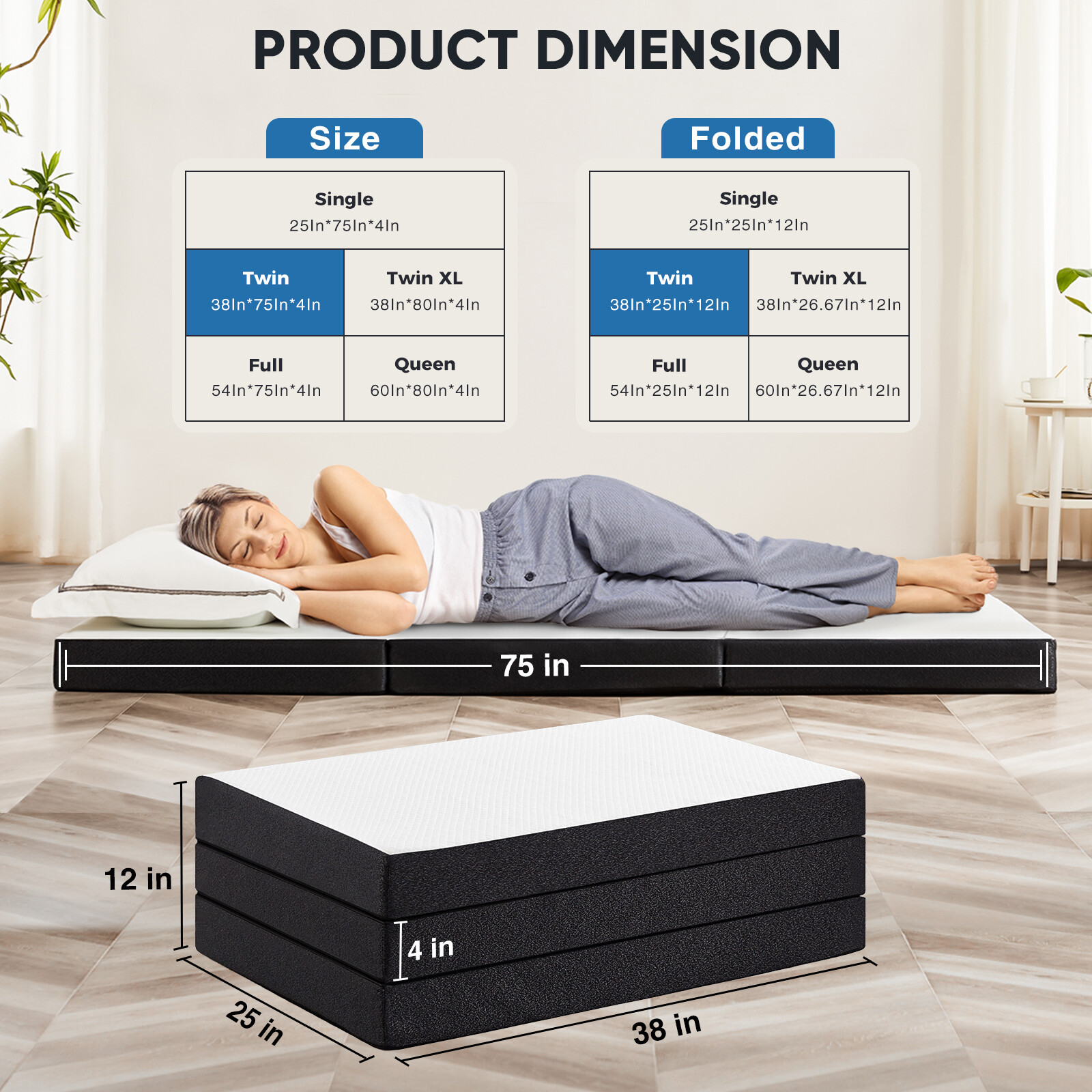 4″ Tri-fold Memory Foam Mattress, Foldable Portable Floor Bed,Washable Cover