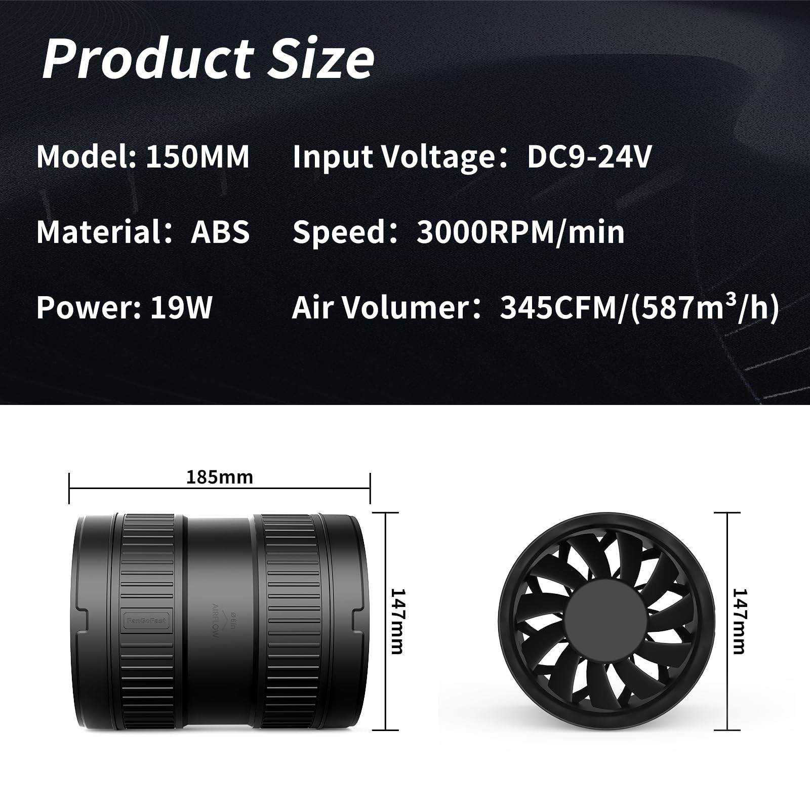 6 Inch Inline Duct Fan 345CFM Airflow with Stepless Speed Control Low Noise E…