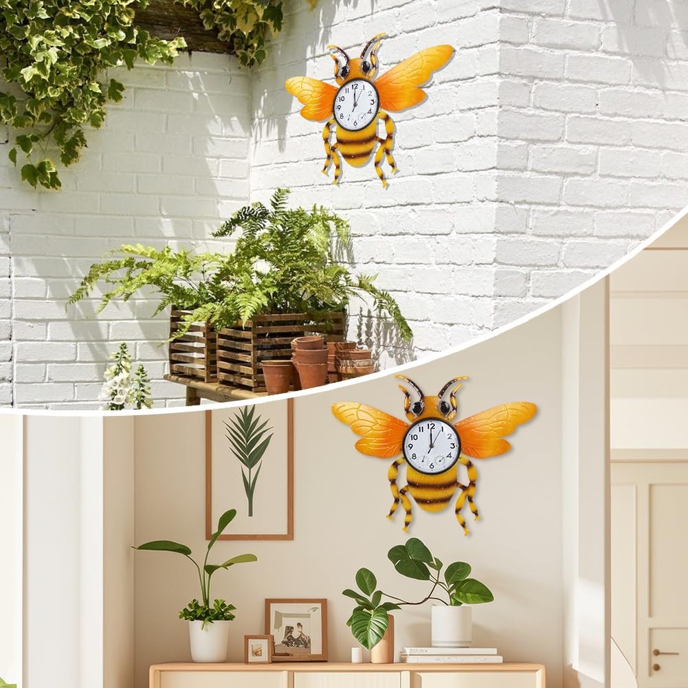 HOBYLUBY Unique Outdoor Clock Silent None-Ticking, Wall Yellow Bee
