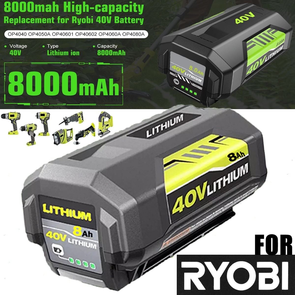 1~6Pack 8.0Ah Battery for Ryobi 40V Lithium OP40602 Battery with LED or Charger