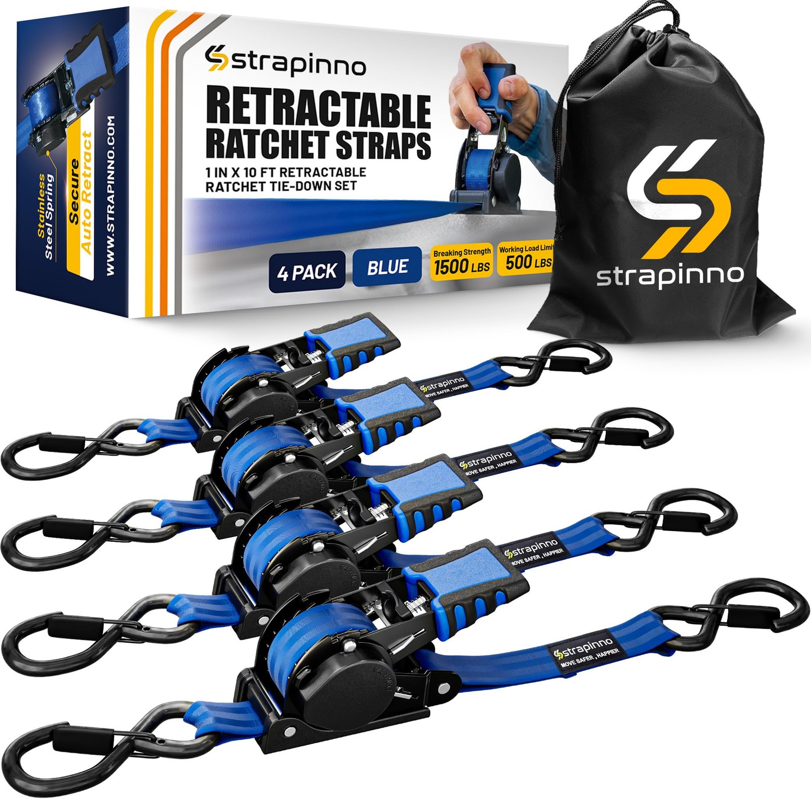 Retractable Ratchet Straps (4-Pack), 1 in x 10 ft, 1,500LBS Break Strength, M…