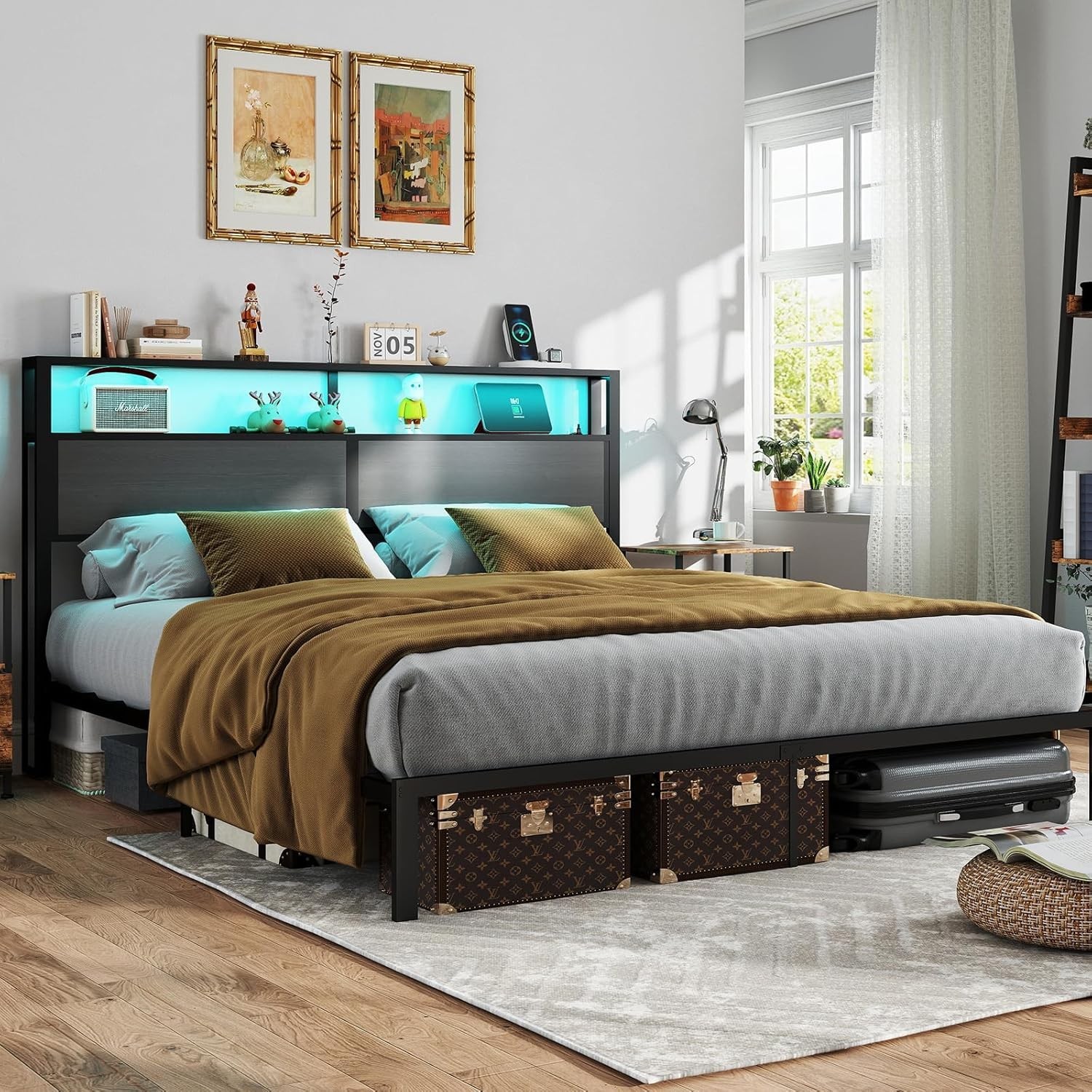 Queen Full Size Bed Frame with Storage Headboard &Charging Station＆ LED Lights