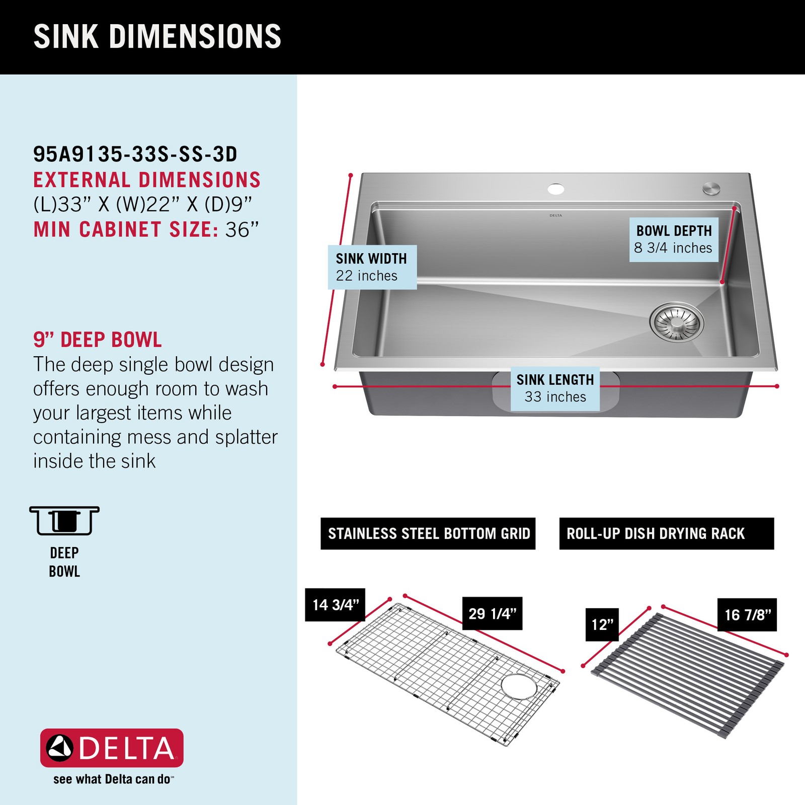 Delta Emery 33″ Workstation Sink, Single Bowl w/ Ledge+Kit-Certified Refurbished
