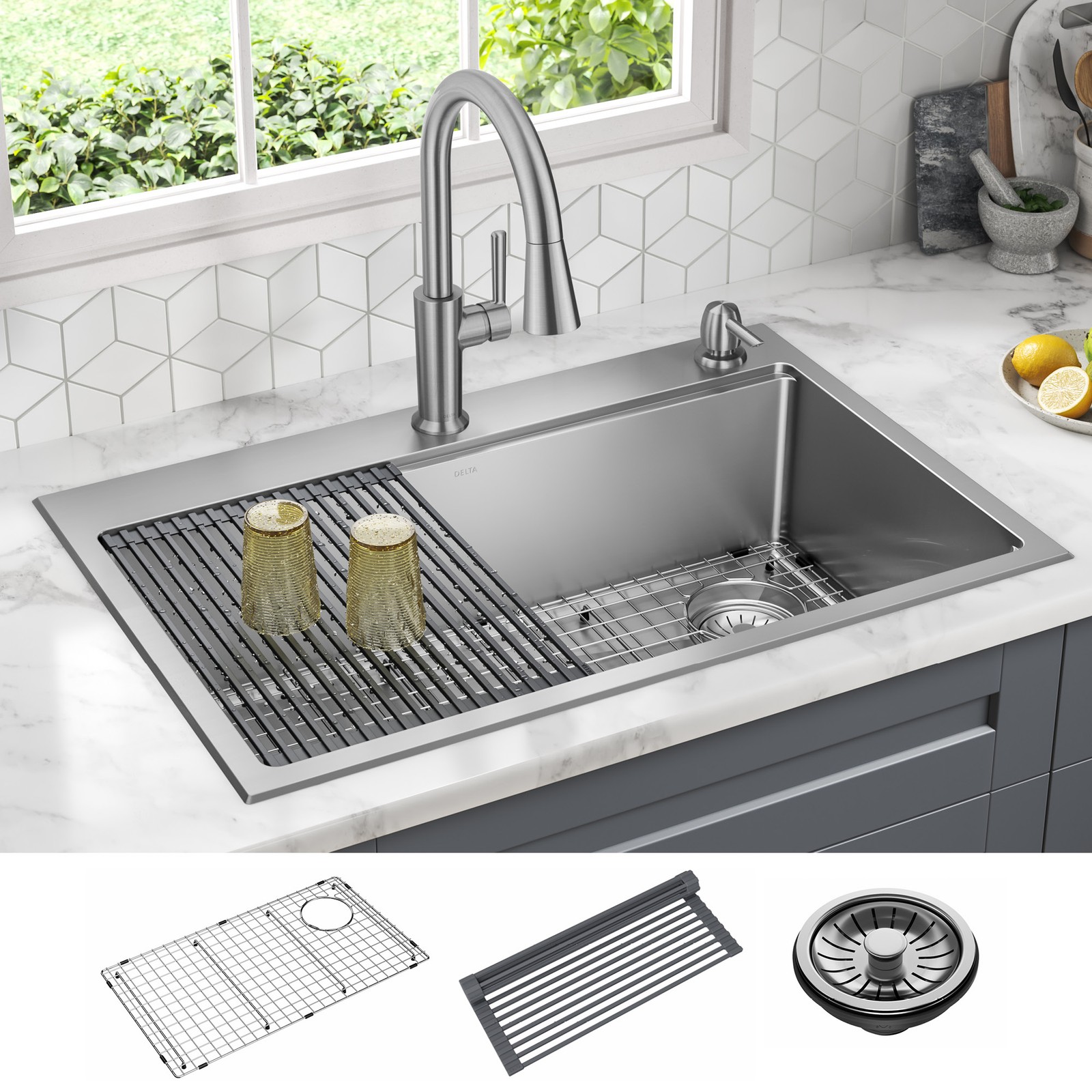 Delta Emery 33″ Workstation Sink, Single Bowl w/ Ledge+Kit-Certified Refurbished