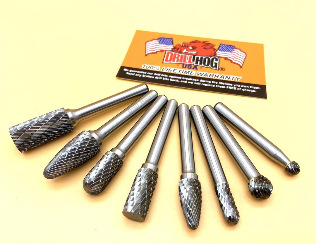 Double Cut Carbide Rotary Burr Set Tungsten Burrs Drill Hog® Lifetime Warranty